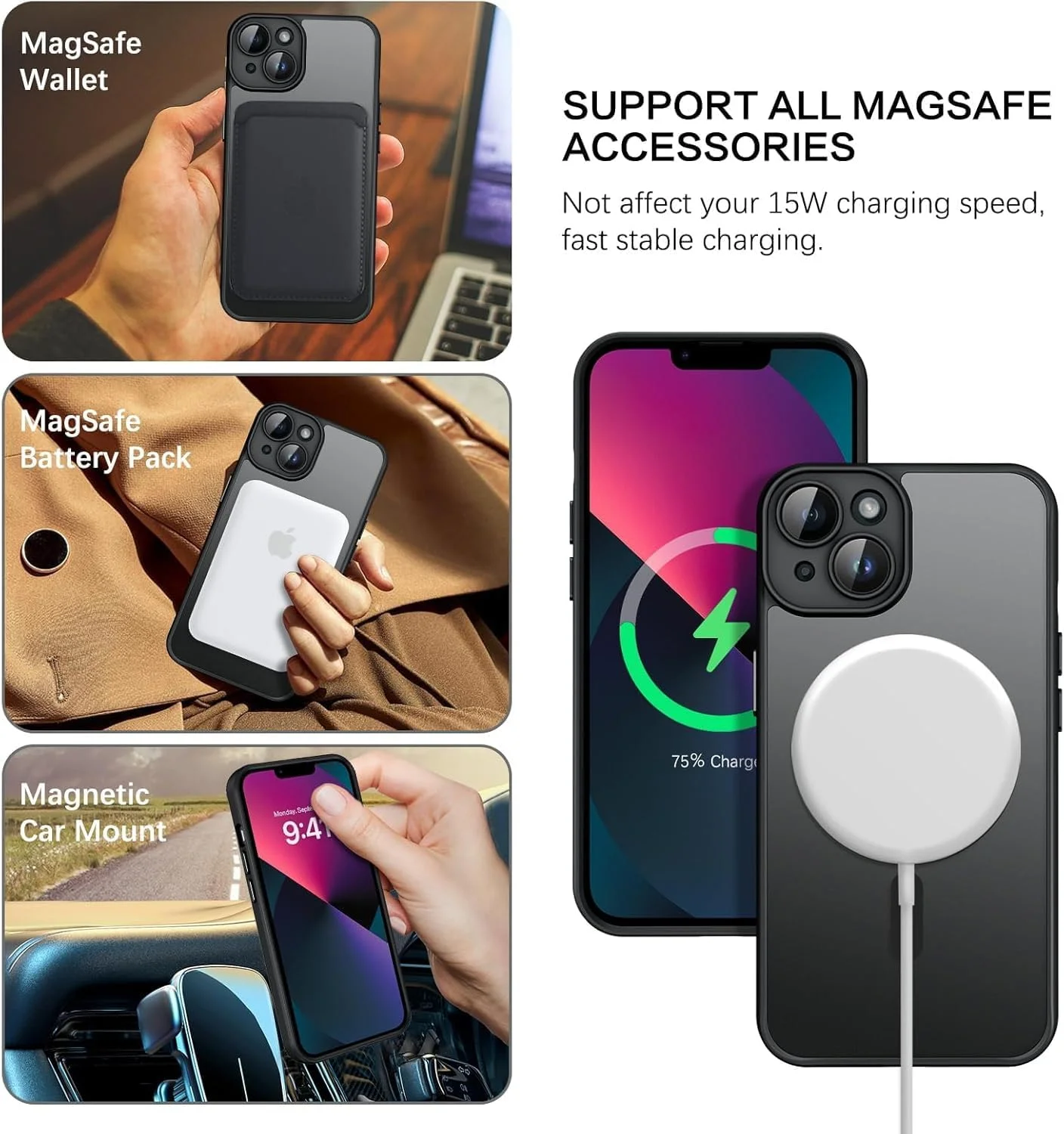 قاب محافظ مغناطیسی آیفون 13، طراحی مات روکش بسیار نازک، محافظت در برابر ضربه و سقوط، مناسب دختر، زن، پسر، مرد، آیفون 13 6.1 اینچ (iPhone15 PRO، مشکی)