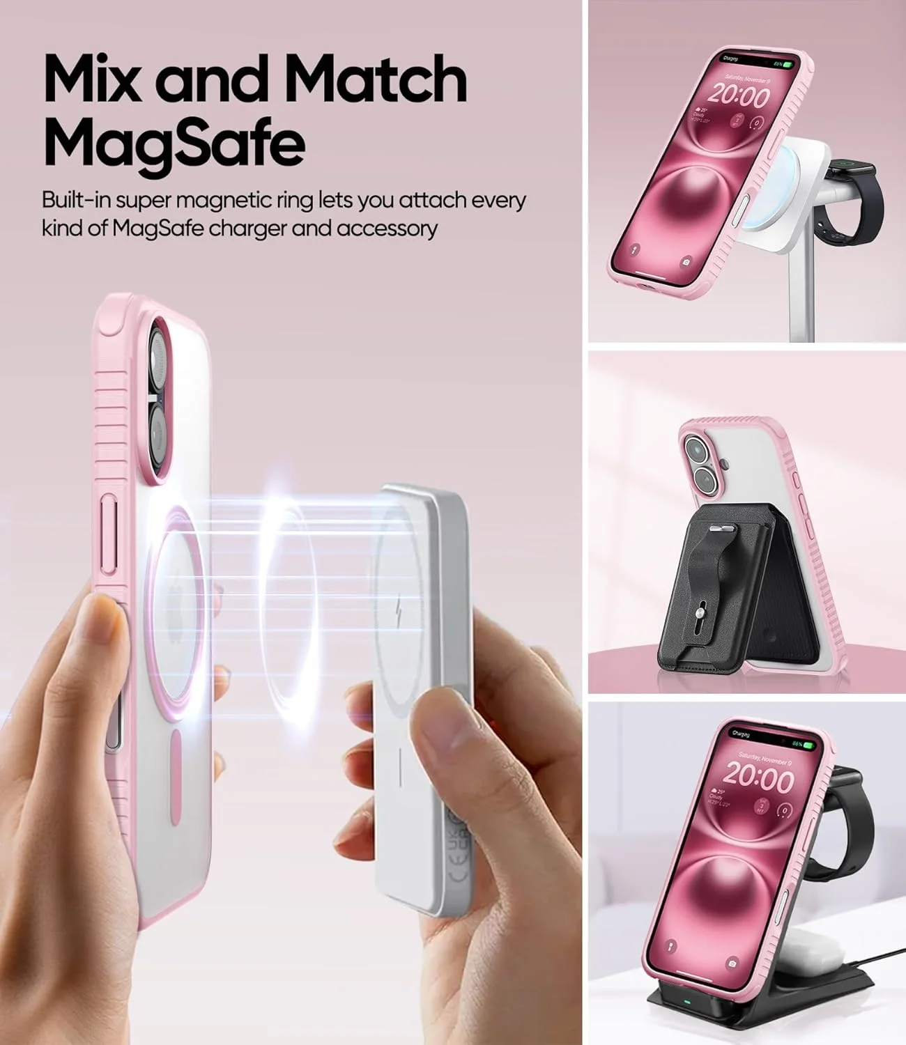 قاب محافظ گوشی آیفون 14/15/14/13 با محافظت مغناطیسی قوی در برابر سقوط، بافت نرم و ضد لغزش، پوشش مات نیمه شفاف و فوق العاده نازک (آیفون 16، صورتی)