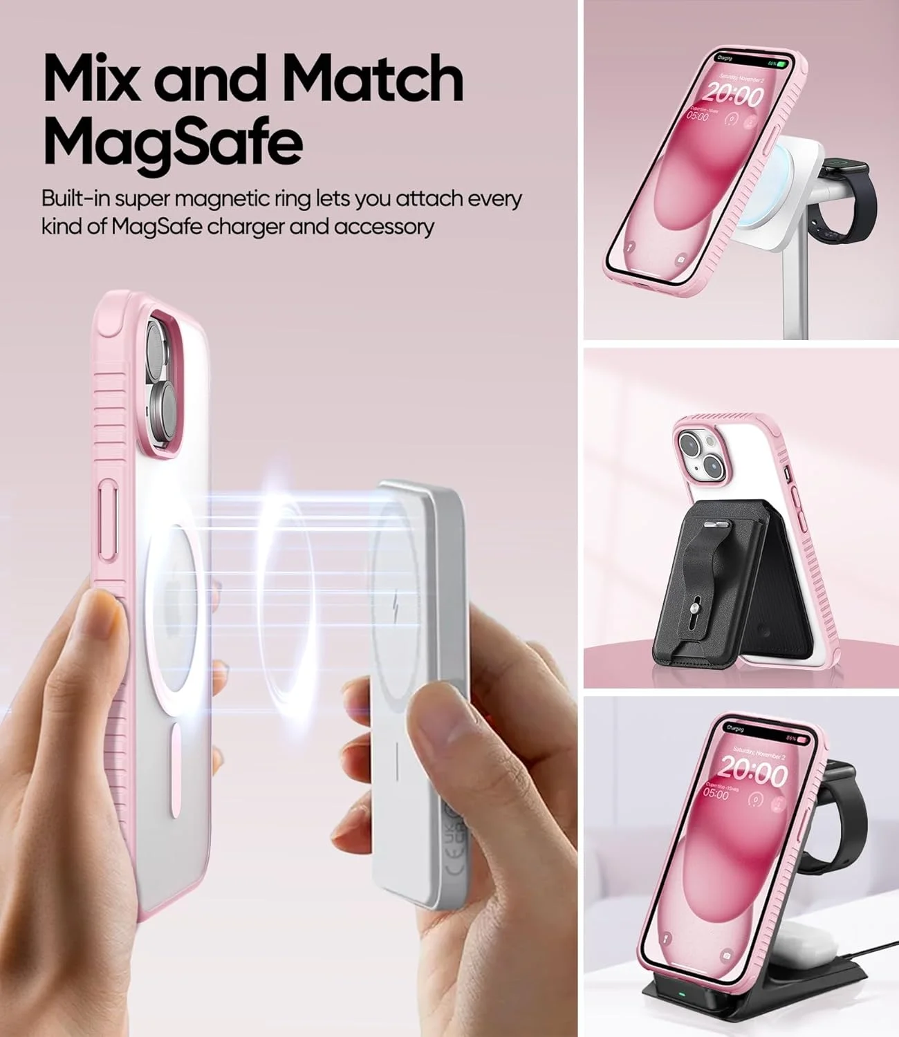 قاب محافظ گوشی آیفون 14/15/14/13 با محافظت نظامی در برابر سقوط، بافت نرم و ضد لغزش، پوشش مات نیمه شفاف و فوق العاده نازک (آیفون 15، صورتی)