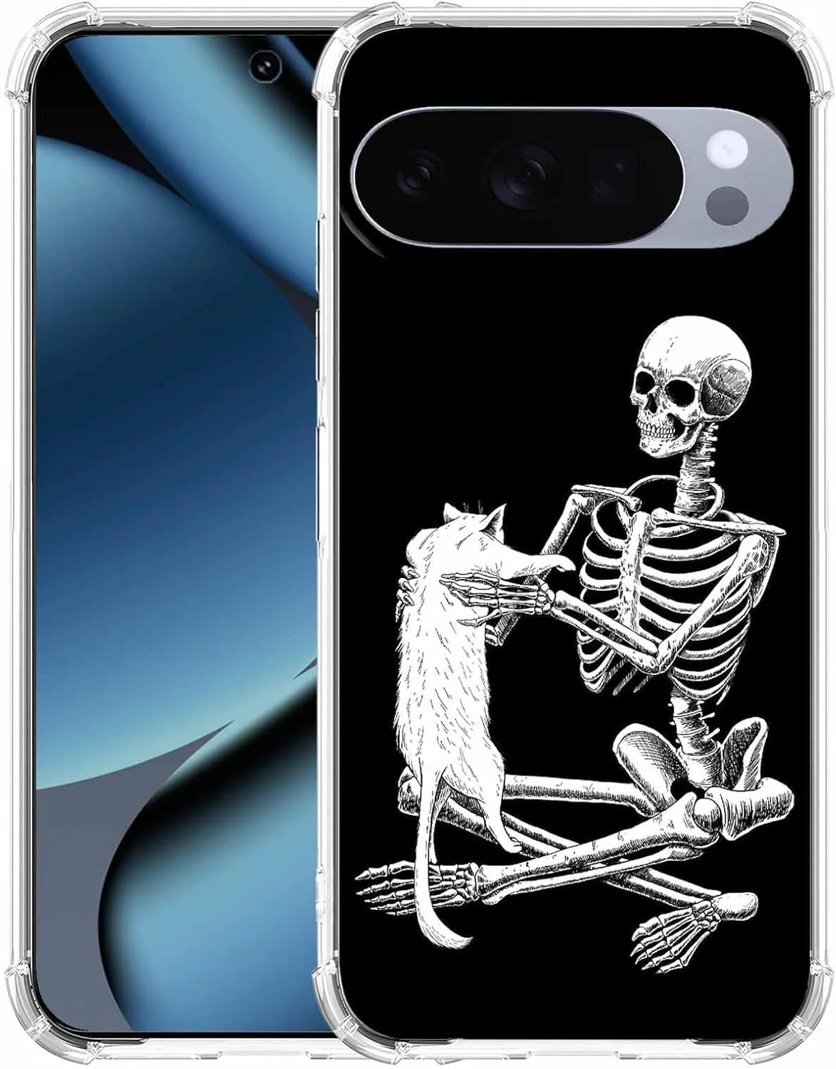کاور گوشی گوگل پیکسل 10/10 پرو با طرح جمجمه، طرح اسکلت و گربه زیبا، کاور محافظ TPU نرم و باریک شفاف، 6.3 اینچ (جمجمه، P10)