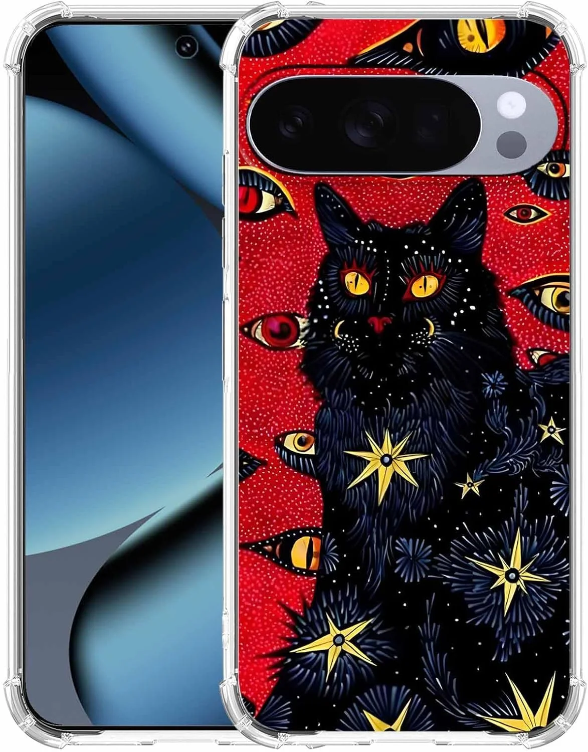 کاور گوشی گوگل پیکسل 10/10 پرو با طرح هنری هیپی، طرح گربه سیاه باحال و جذاب، کاور محافظ ژله ای باریک و شفاف، 6.3 اینچ (گربه، P10)