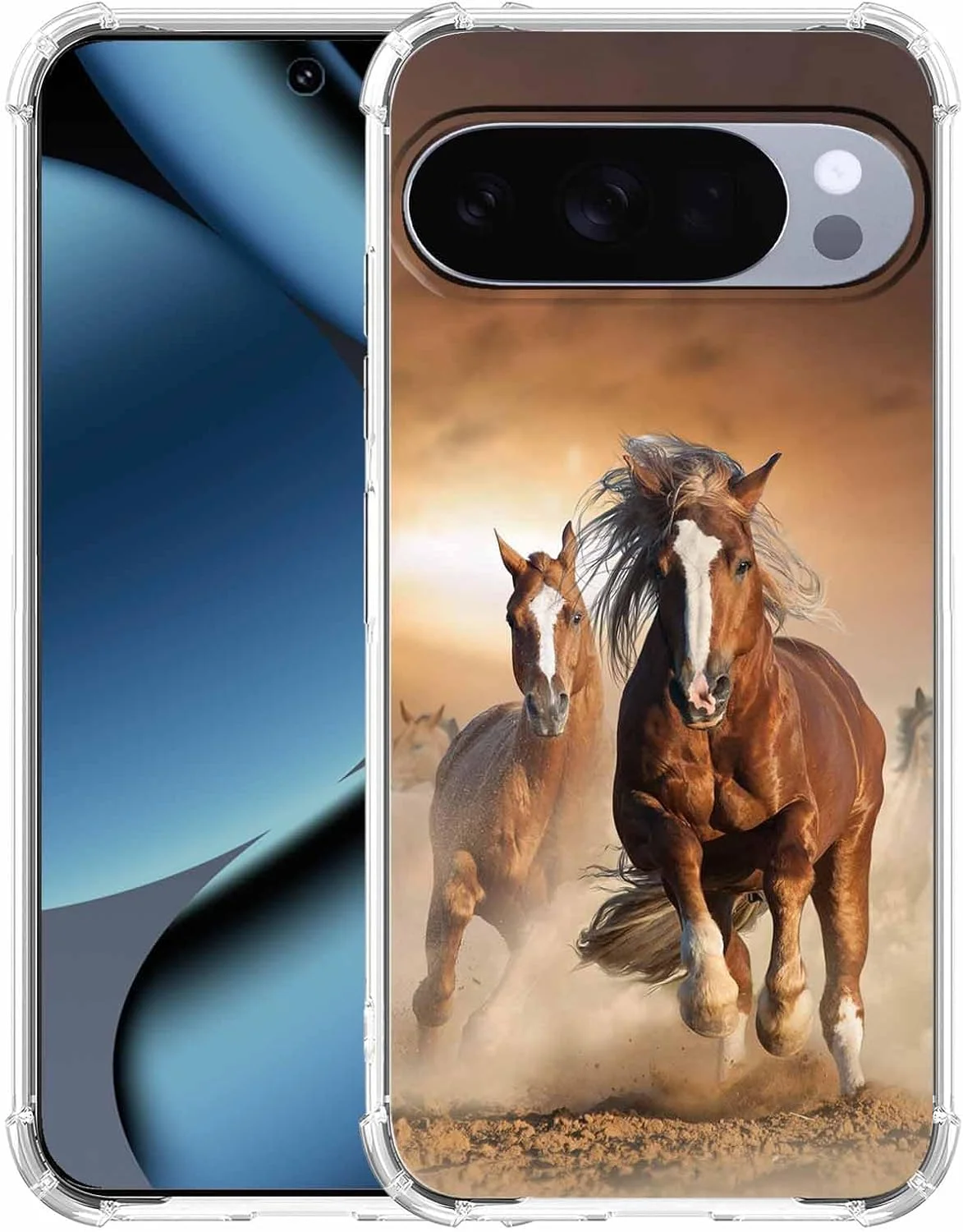 قاب گوشی گوگل پیکسل 10/10 پرو با طرح اسب، الگوی حیوانات دونده قهوه ای، کاور شفاف و باریک TPU نرم، 6.3 اینچ (اسب، P10)