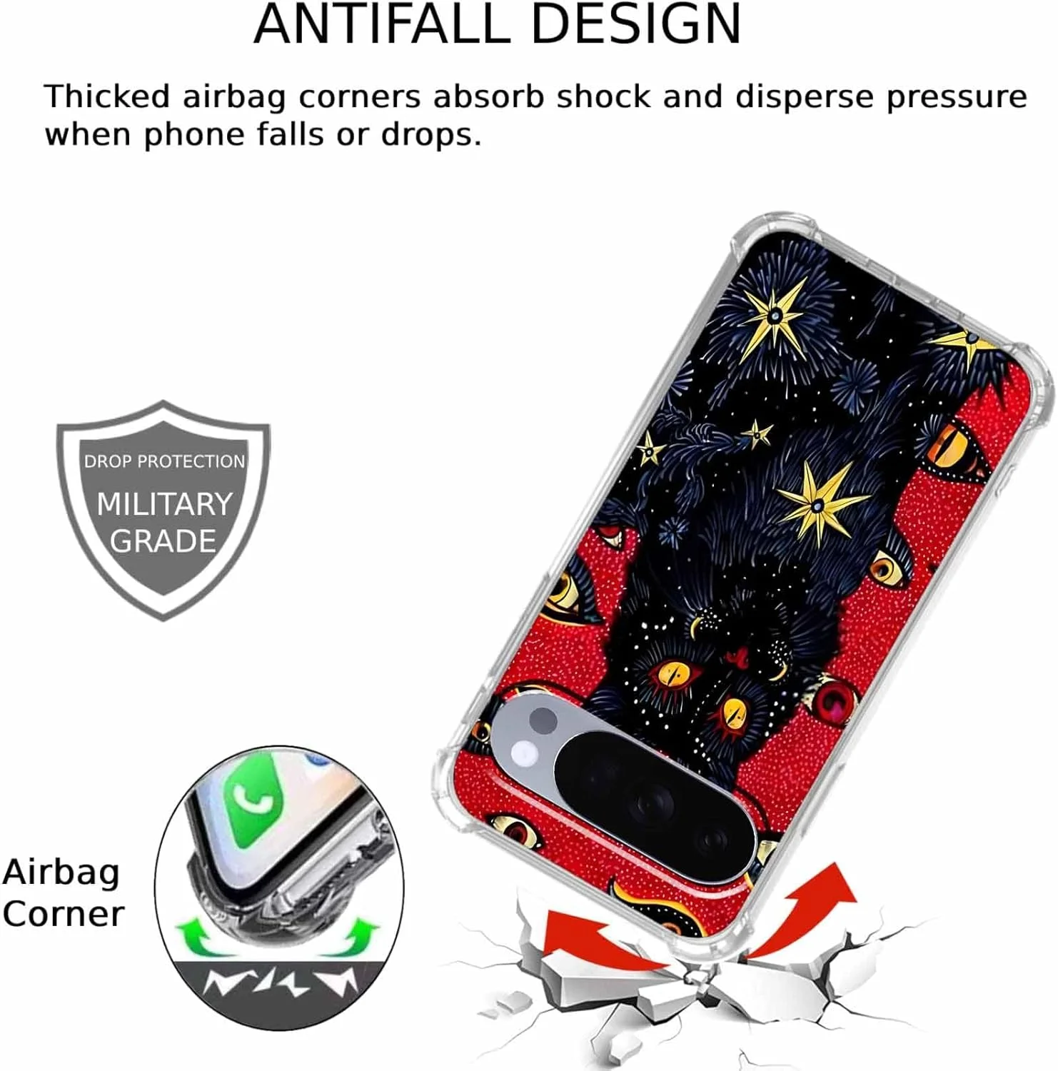 کاور گوشی گوگل پیکسل 10/10 پرو با طرح هنری هیپی، طرح گربه سیاه باحال و جذاب، کاور محافظ ژله ای باریک و شفاف، 6.3 اینچ (گربه، P10)