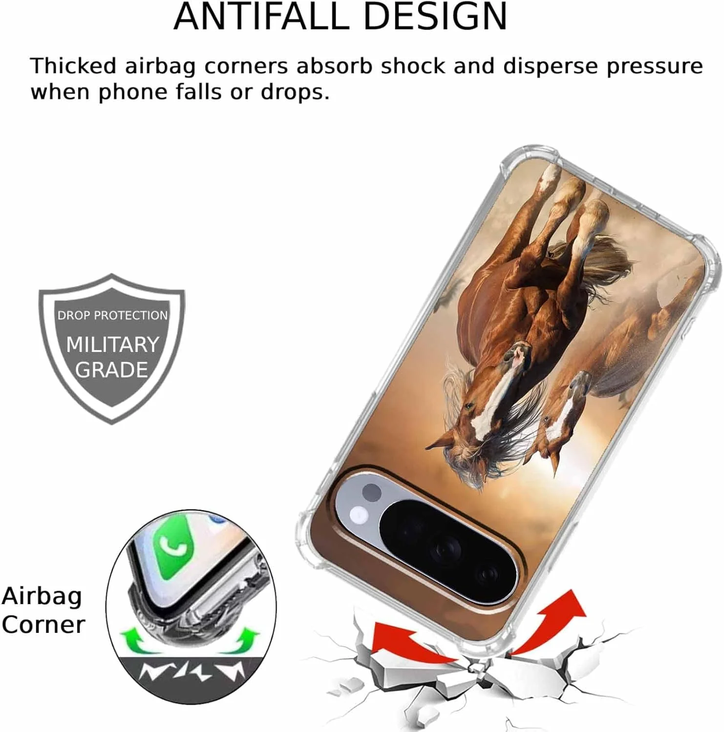 قاب گوشی گوگل پیکسل 10/10 پرو با طرح اسب، الگوی حیوانات دونده قهوه ای، کاور شفاف و باریک TPU نرم، 6.3 اینچ (اسب، P10)