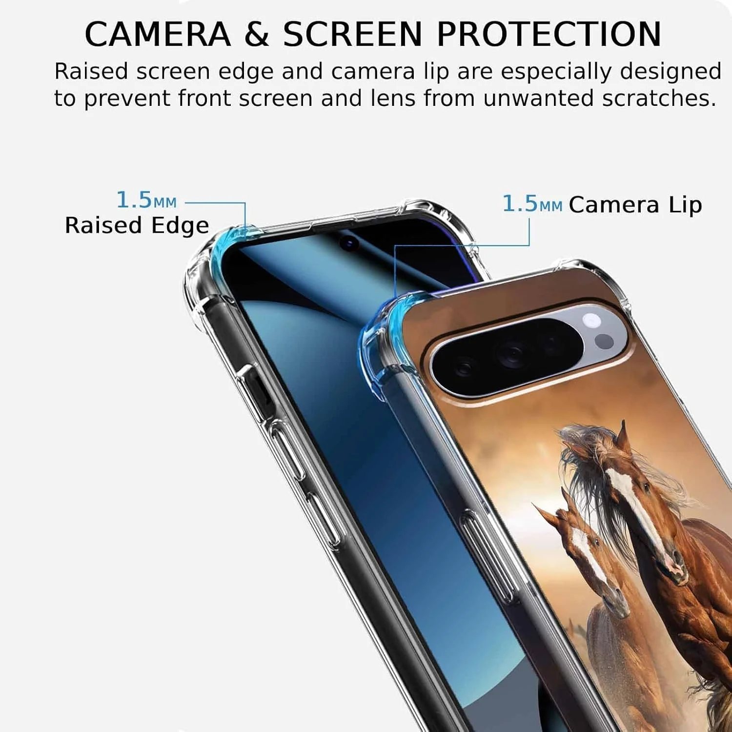 قاب گوشی گوگل پیکسل 10/10 پرو با طرح اسب، الگوی حیوانات دونده قهوه ای، کاور شفاف و باریک TPU نرم، 6.3 اینچ (اسب، P10)