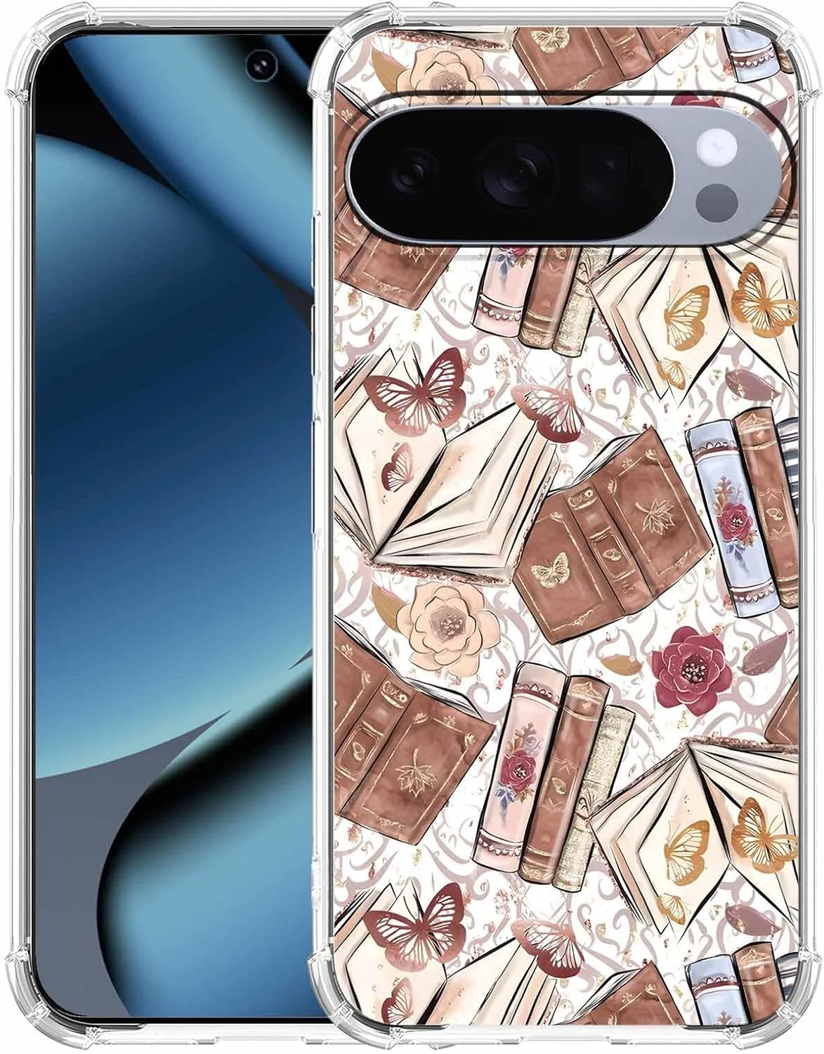 کاور گوشی گوگل پیکسل 10/10 پرو با طراحی زیبا، طرح کتابی پروانه قهوه ای وینتیج، کاور محافظ گوشی باریک و نرم TPU شفاف، 6.3 اینچ (پروانه، P10)