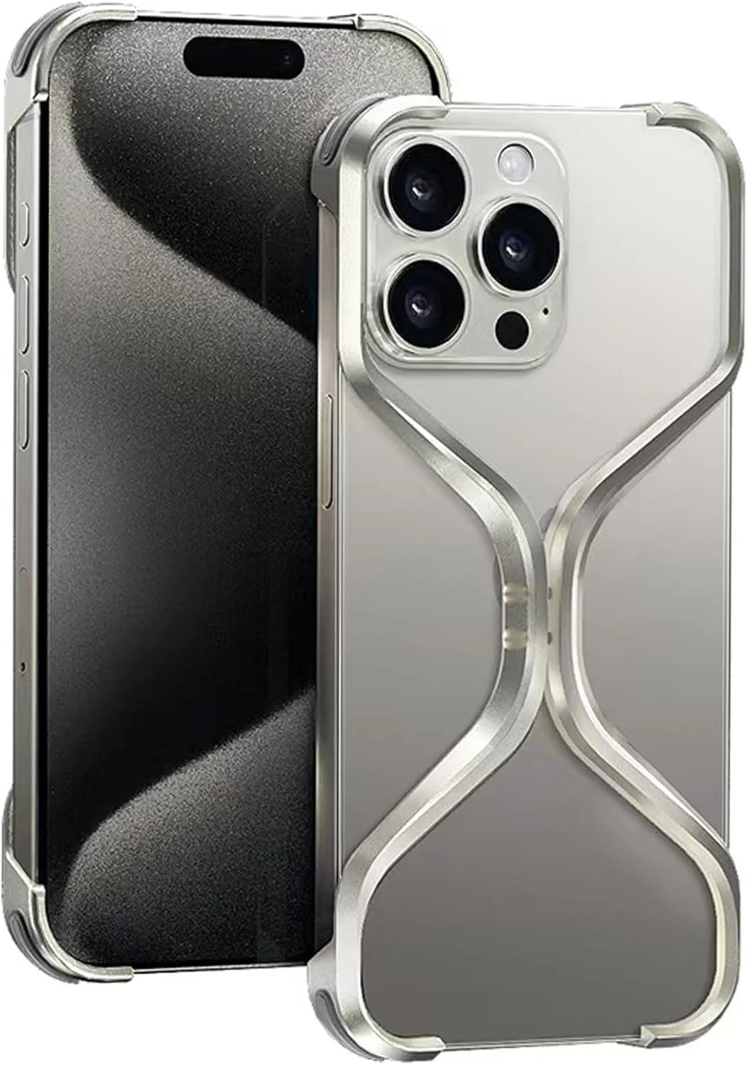 کاور X شکل برای آیفون 16 پرو مکس/16 پرو، طراحی هندسی آلومینیومی فلزی بدون قاب با تهویه حرارتی توخالی، فوق العاده نازک، سبک وزن، شیک و مینیمالیستی (نقره ای، 16 پرو مکس)