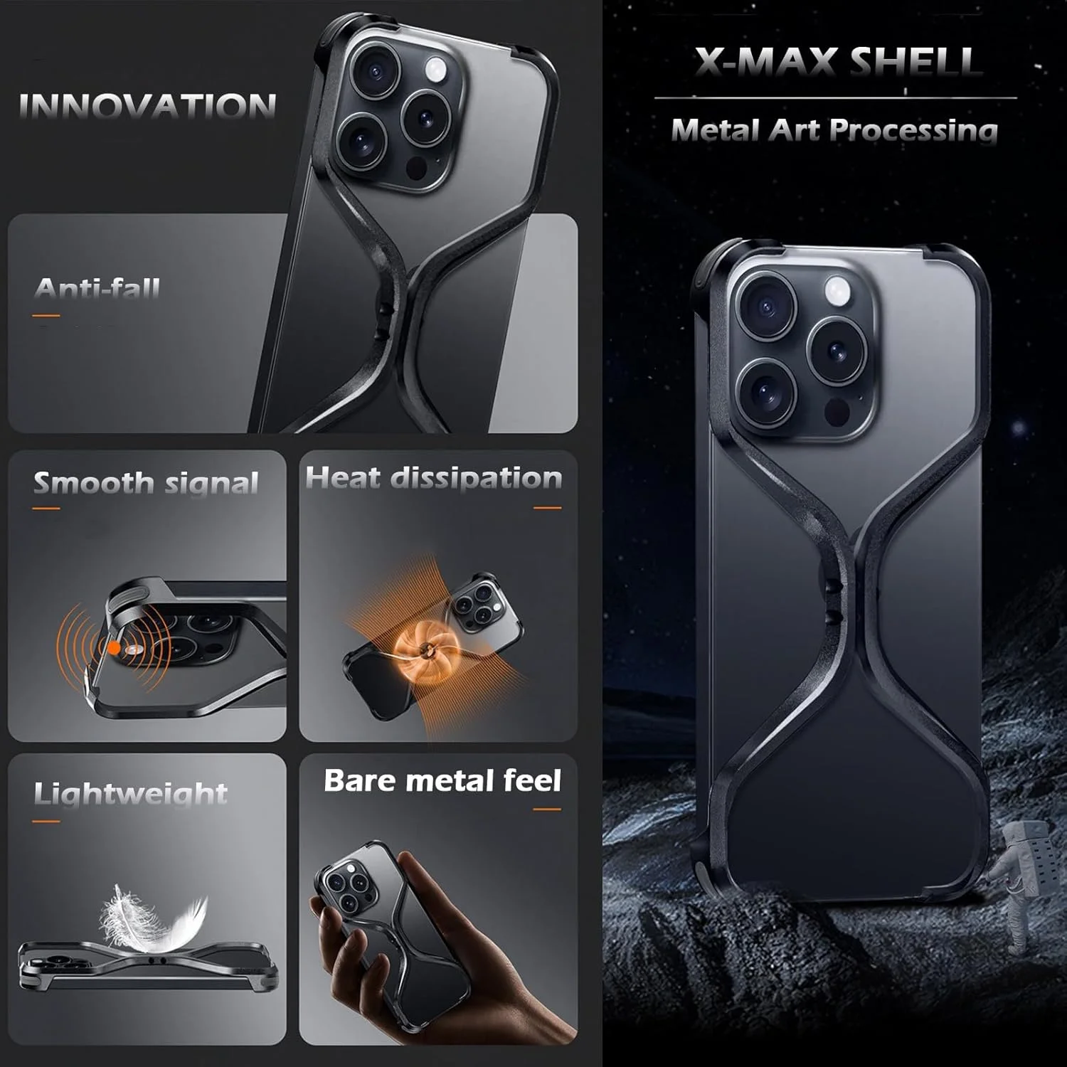 کاور X شکل برای آیفون 16 پرو مکس/16 پرو، طراحی هندسی آلومینیومی فلزی بدون قاب با تهویه حرارتی توخالی، فوق العاده نازک، سبک وزن، شیک و مینیمالیستی (نقره ای، 16 پرو مکس)