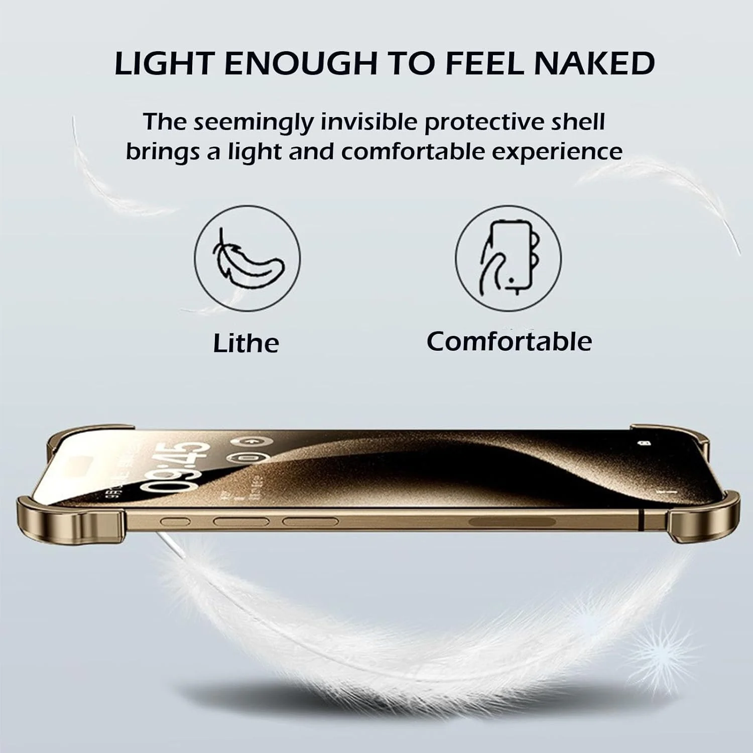 قاب بدون فریم برای آیفون 16 پرو مکس/16 پرو/16 پلاس/16، باریک و نازک، بدون حاشیه، با پدهای گوشه فلزی آلومینیومی با شکل خاص، ضد افتادن، همراه با محافظ لنز دوربین (طلایی، 16 پرو مکس)