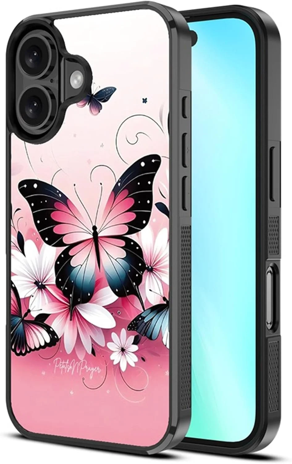 قاب محافظ باریک طرح گل و پروانه سازگار با شارژ مغناطیسی آیفون ۱۶ (۶.۱ اینچ) - محافظ با حلقه مغناطیسی و محافظ ضربه گیر - صورتی