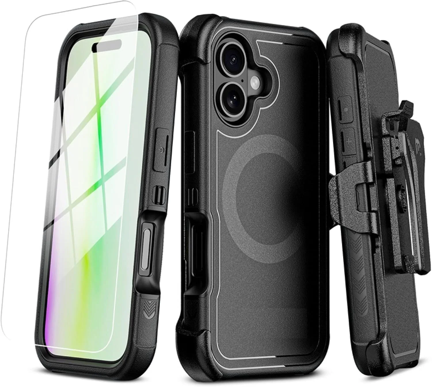کیف محافظ همه کاره سازگار با آیفون 17 6.3 اینچی - محافظ مشکی مقاوم با گیره کمربند، پایه نگهدارنده، محافظ صفحه نمایش شیشه ای، حلقه مغناطیسی، پوشش دو لایه، شارژ بی سیم، طراحی باریک