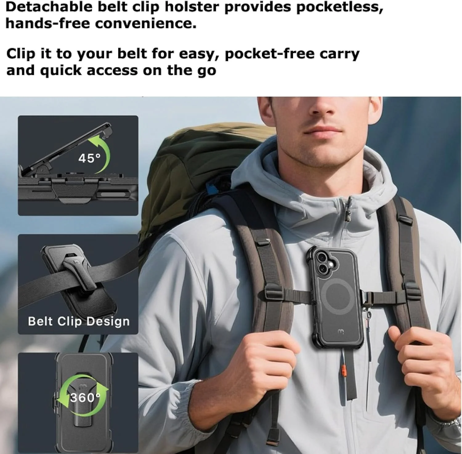 کیف محافظ همه کاره سازگار با آیفون 17 6.3 اینچی - محافظ مشکی مقاوم با گیره کمربند، پایه نگهدارنده، محافظ صفحه نمایش شیشه ای، حلقه مغناطیسی، پوشش دو لایه، شارژ بی سیم، طراحی باریک