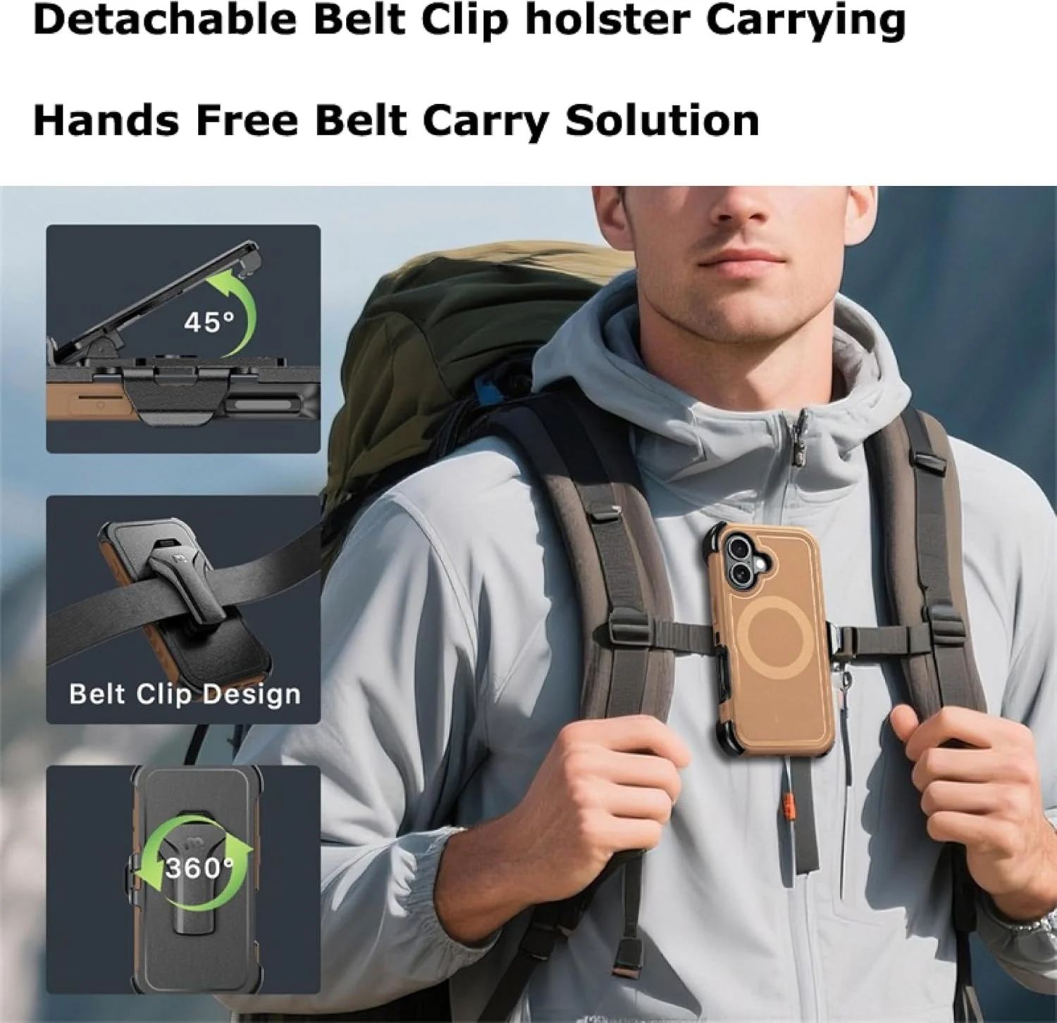 قاب شارژ مغناطیسی دولایه eBigValue سازگار با آیفون 17 6.3 اینچی - کاور مقاوم قهوه ای با گیره کمربند و پایه استند به همراه محافظ صفحه نمایش