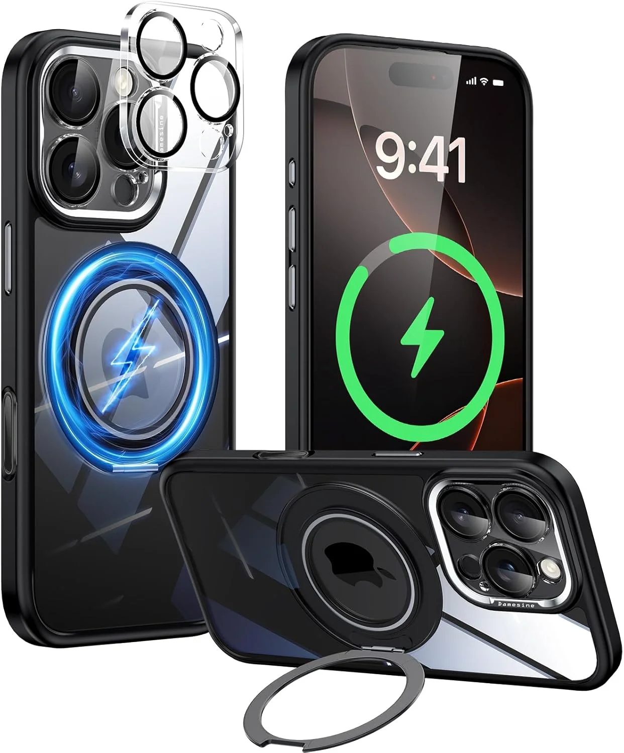 کاور محافظ آهنربایی با قابلیت چرخش 360 درجه برای آیفون 16 پرو مکس [چرخش مکانیکی] [پشت شفاف اکریلیک] [محافظ لنز جداشدنی] [توری فلزی بلندگو] - لبه های سیلیکونی نرم، مشکی