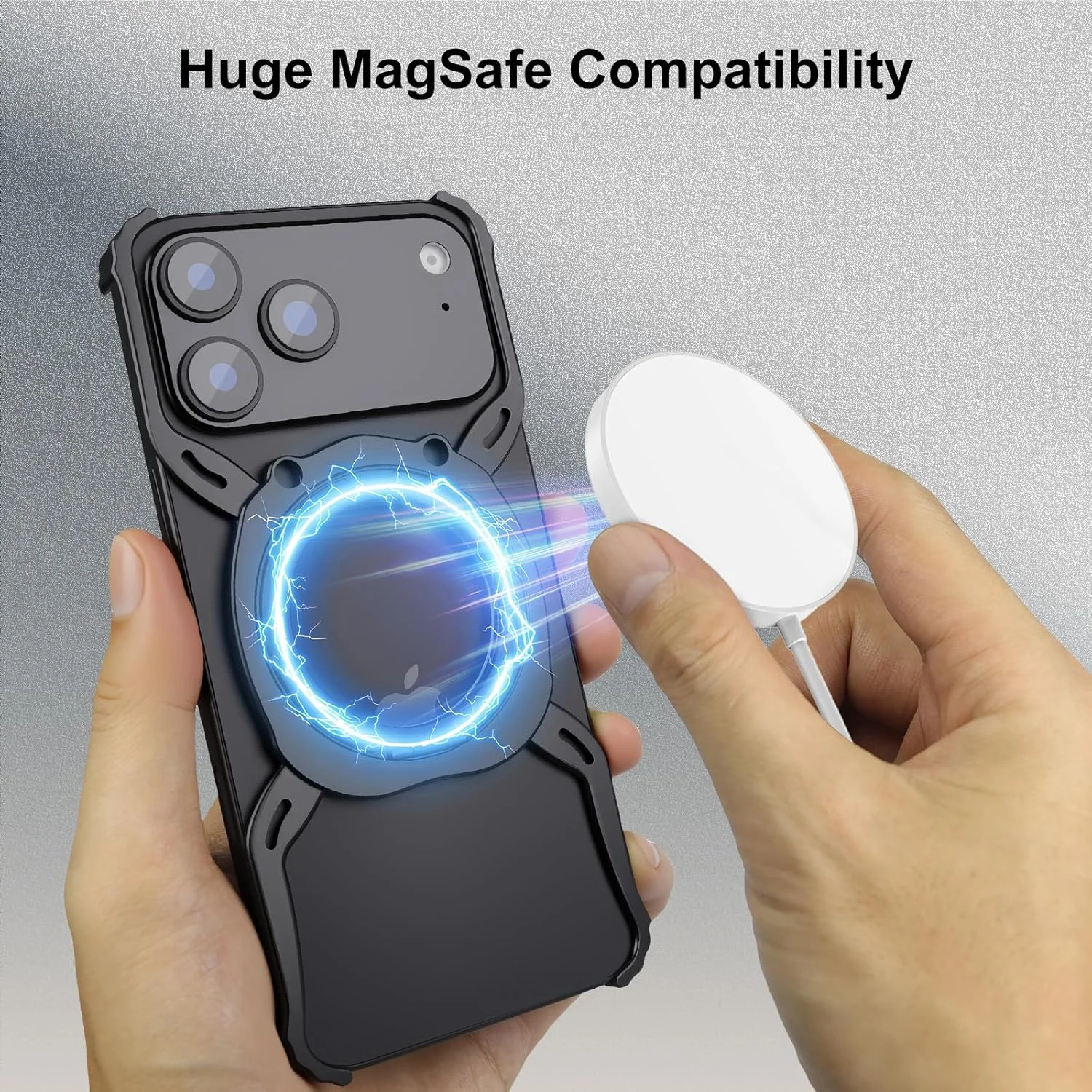 فریم فلزی محافظ دور گوشی آیفون 17 پرو مکس، بدون قاب پشتی، دارای استند و آهنربا سازگار با مگ‌سیف، آلیاژ آلومینیوم، طراحی باریک، مقاوم در برابر ضربه در 4 گوشه (نقره‌ای)