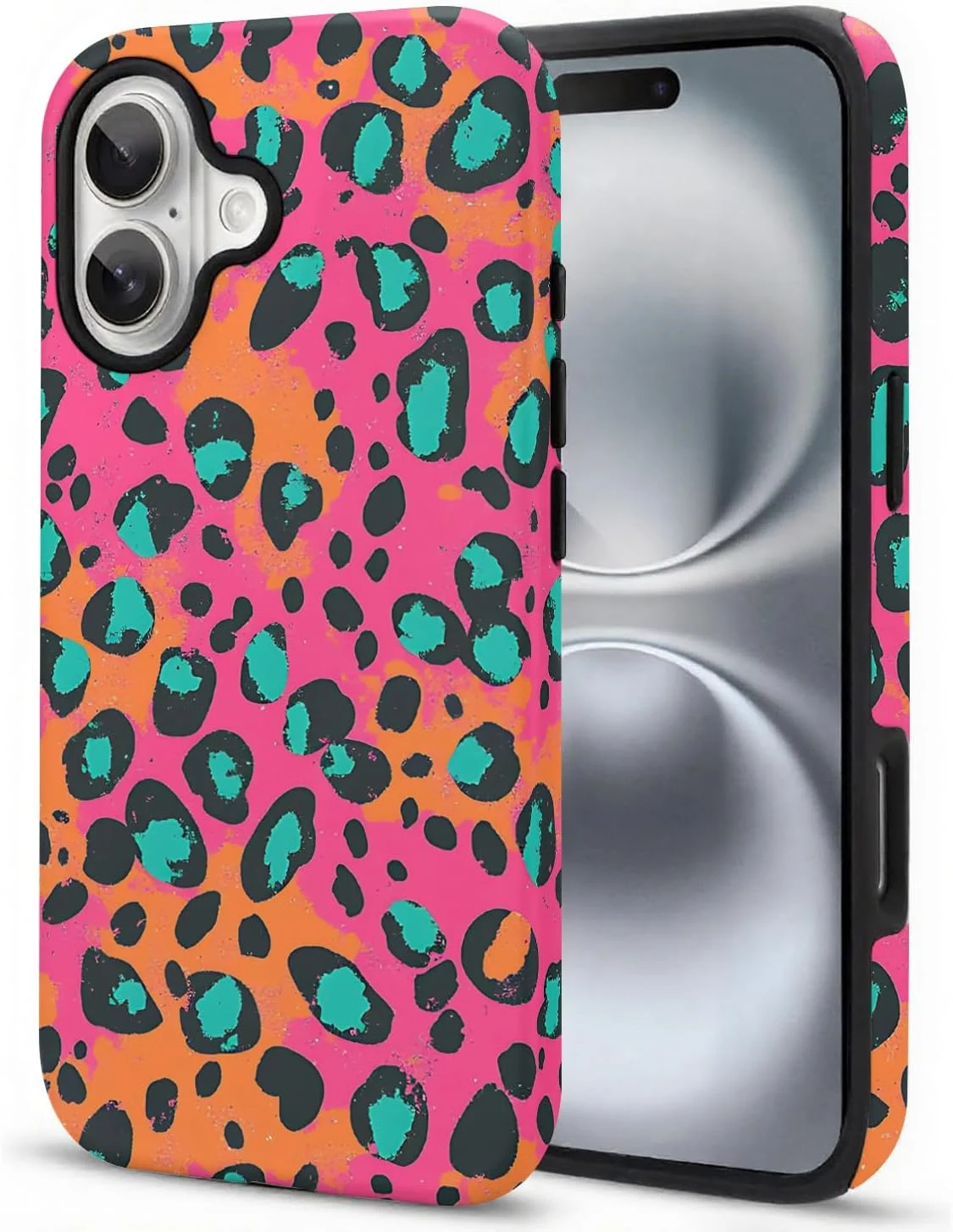 قاب محافظ طرح گلدار مناسب برای آیفون 16، طرح الهام‌بخش گلدار برای آیفون 16، قاب محافظ سیلیکونی نرم و کامپیوتر سخت ضد ضربه (پلنگی صورتی)