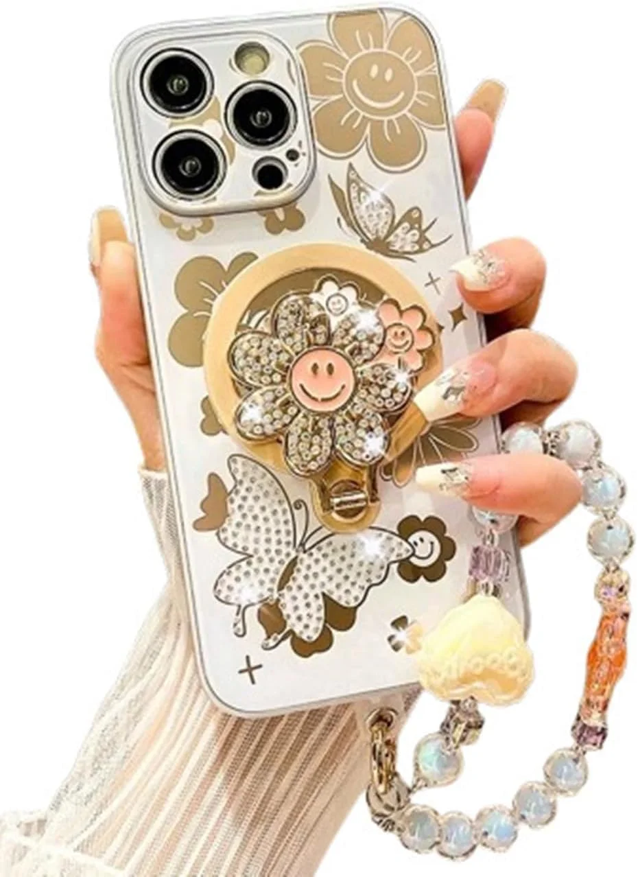 قاب گوشی آیفون 16 پرو مناسب دختران و بانوان، پایه نگهدارنده طرح گل آفتابگردان درخشان، محافظت کامل از دوربین، بند آویز تزیینی گوشی، سفید