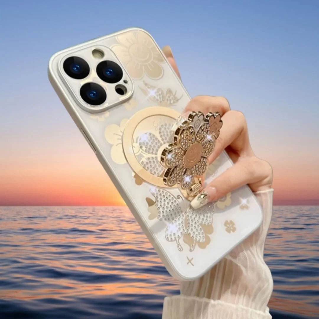 قاب گوشی آیفون 16 پرو مناسب دختران و بانوان، پایه نگهدارنده طرح گل آفتابگردان درخشان، محافظت کامل از دوربین، بند آویز تزیینی گوشی، سفید