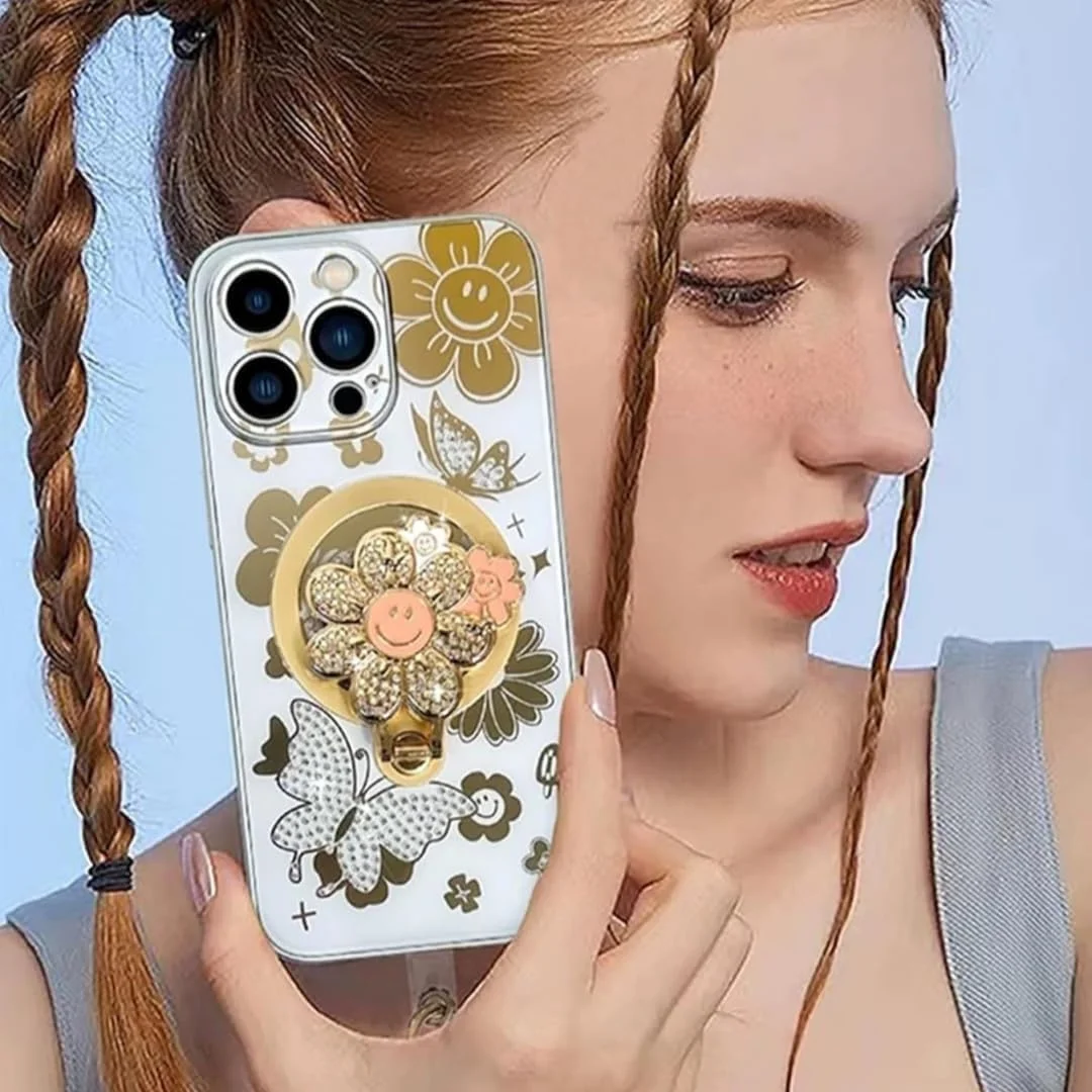 قاب گوشی آیفون 16 پرو مناسب دختران و بانوان، پایه نگهدارنده طرح گل آفتابگردان درخشان، محافظت کامل از دوربین، بند آویز تزیینی گوشی، سفید