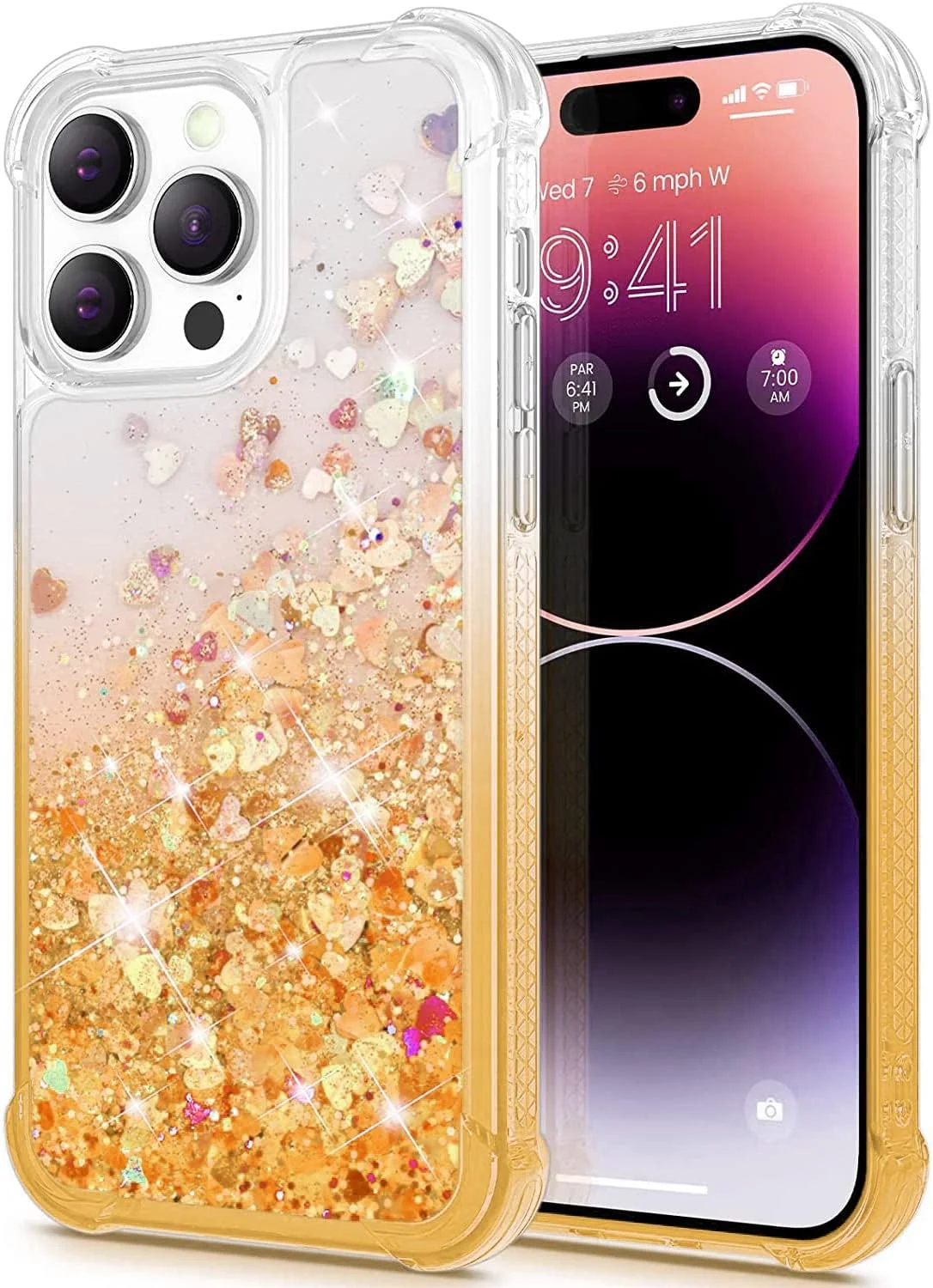 قاب اکلیلی مدل 14 پرو سازگار با آیفون 14 پرو 5G، قاب های مایع شناور اکلیلی کامل، پوشش محافظ ضد ضربه TPU نرم (طلایی)