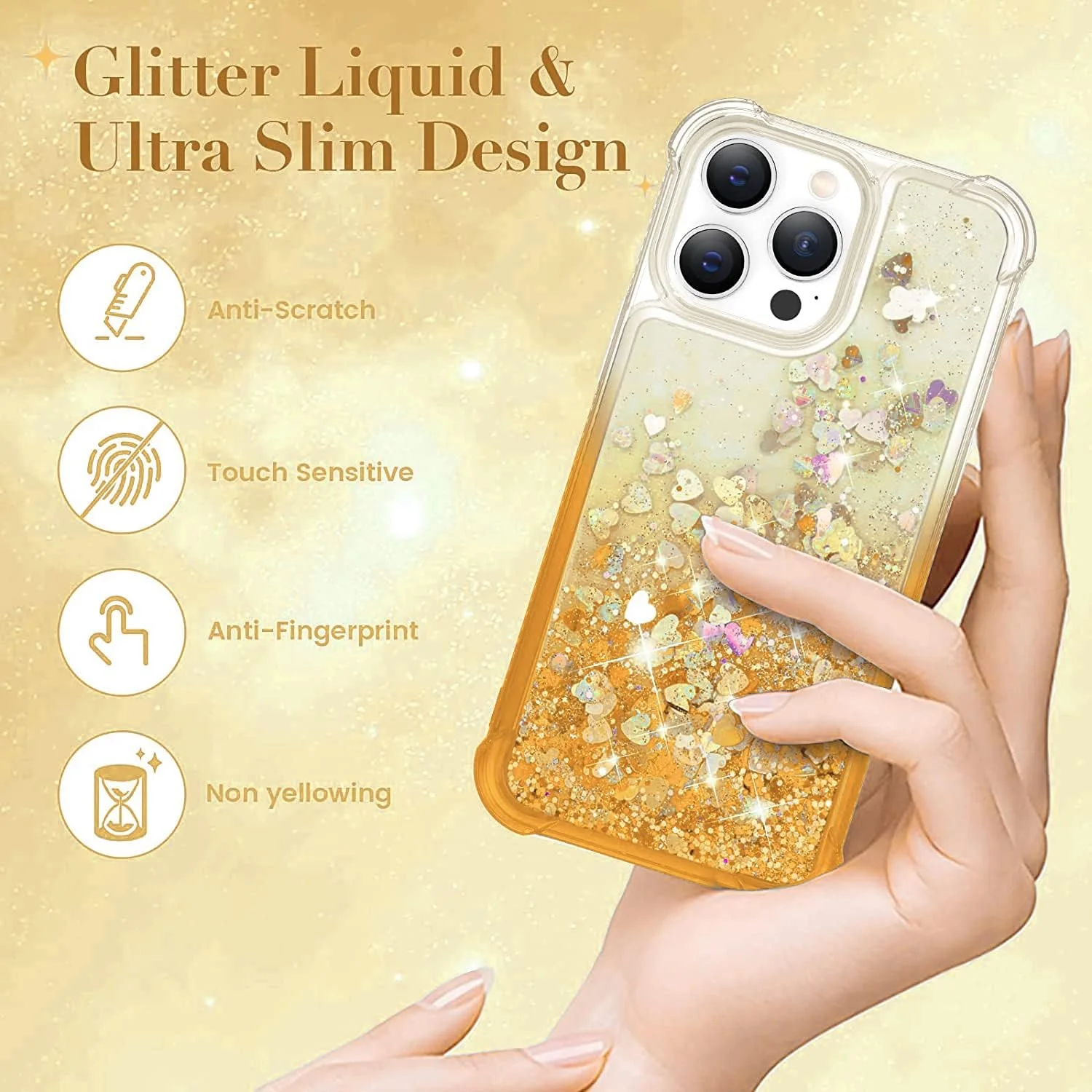 قاب اکلیلی مدل 14 پرو سازگار با آیفون 14 پرو 5G، قاب های مایع شناور اکلیلی کامل، پوشش محافظ ضد ضربه TPU نرم (طلایی)