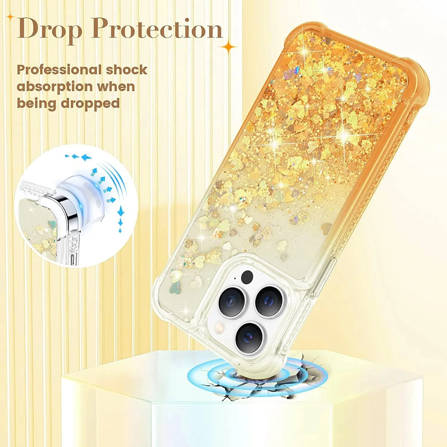 قاب اکلیلی مدل 14 پرو سازگار با آیفون 14 پرو 5G، قاب های مایع شناور اکلیلی کامل، پوشش محافظ ضد ضربه TPU نرم (طلایی)