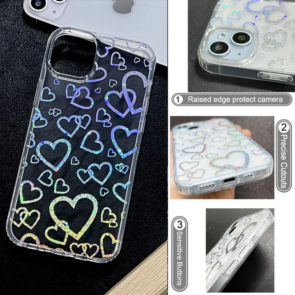 کاور محافظ شفاف گوشی آیفون 14 پلاس/آیفون 15 پلاس با طرح قلب هولوگرافیک، اکلیلی، ستاره ای، جنس TPU نرم و PC سخت، ضد ضربه، مناسب بانوان و دختران