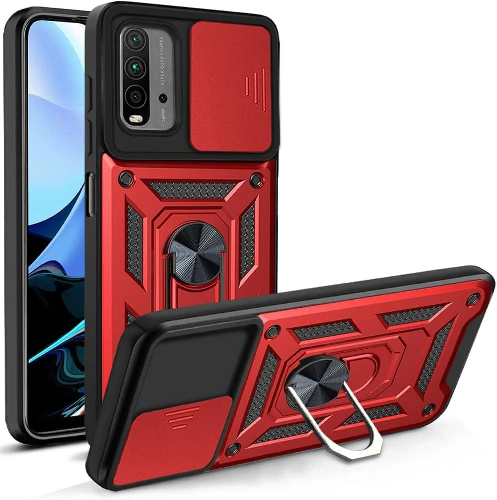 کاور محافظ ضد ضربه با طرح استتار نظامی، دارای پایه مغناطیسی و محافظ لنز کشویی مناسب برای شیائومی ردمی 9T / شیائومی پوکو M3 / شیائومی ردمی نوت 9 4G - رنگ قرمز