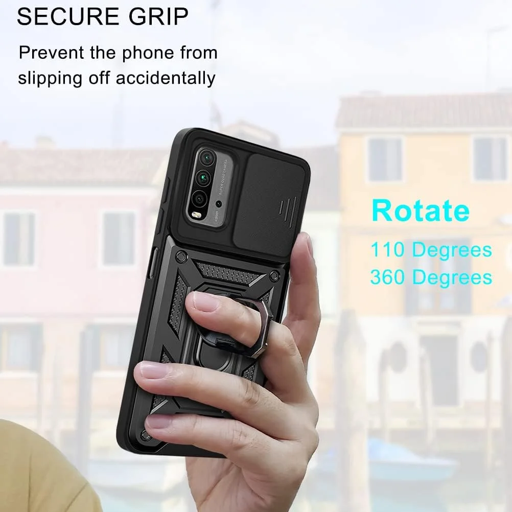 کاور محافظ ضد ضربه با طرح استتار نظامی، دارای پایه مغناطیسی و محافظ لنز کشویی مناسب برای شیائومی ردمی 9T / شیائومی پوکو M3 / شیائومی ردمی نوت 9 4G - رنگ قرمز