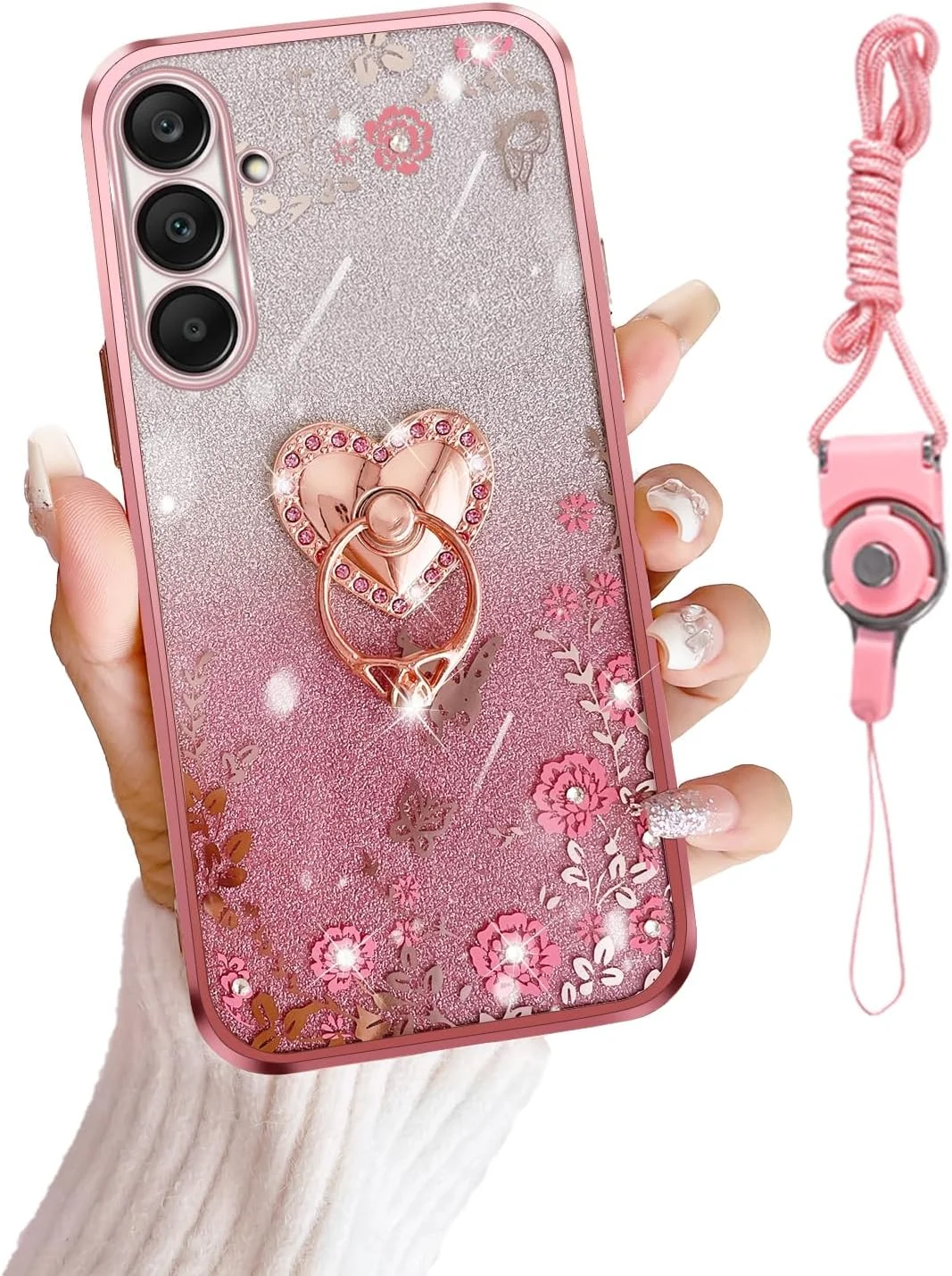 قاب گوشی طرح پروانه و قلب کریستالی TPU برای گوشی سامسونگ گلکسی A25 5G، ضد ضربه مغناطیسی با پایه انگشتی حلقه ای [کارت اکلیلی و بند مچی] محافظ گوشی سامسونگ A25 (رز اکلیلی)