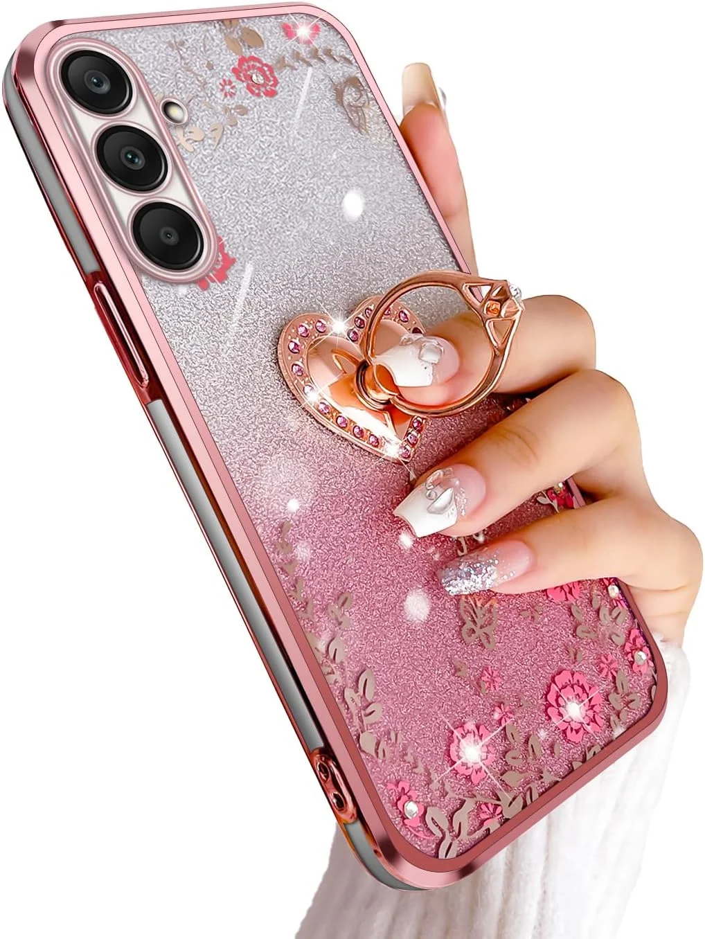 قاب گوشی طرح پروانه و قلب کریستالی TPU برای گوشی سامسونگ گلکسی A25 5G، ضد ضربه مغناطیسی با پایه انگشتی حلقه ای [کارت اکلیلی و بند مچی] محافظ گوشی سامسونگ A25 (رز اکلیلی)