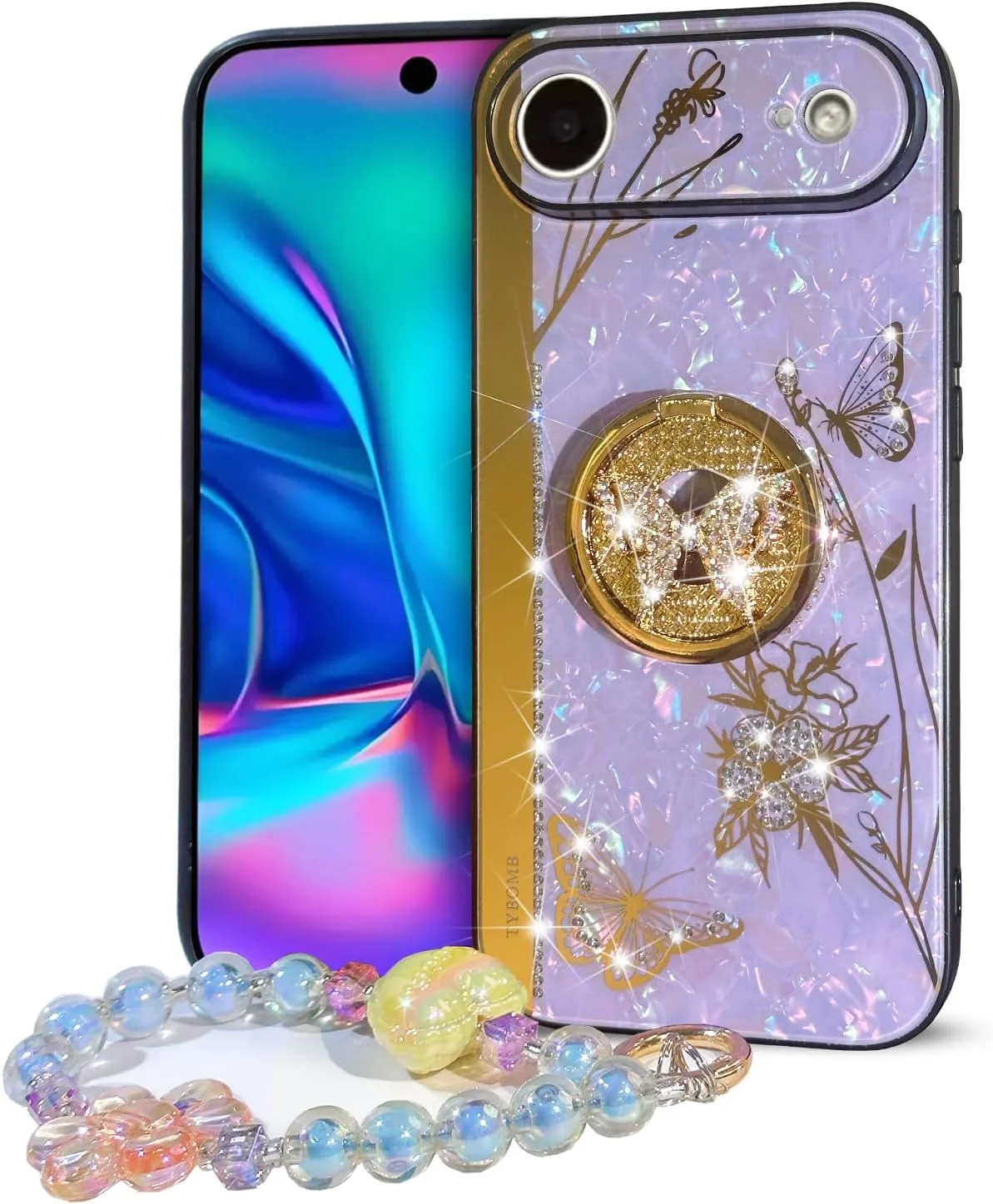 قاب گوشی آیفون ایر با طرح پروانه و گل زیبا، روکش لوکس اکلیلی مرواریدی، بامپر TPU نرم، قاب الماس درخشان برای آیفون 17 ایر، مناسب دختران و بانوان - سفید