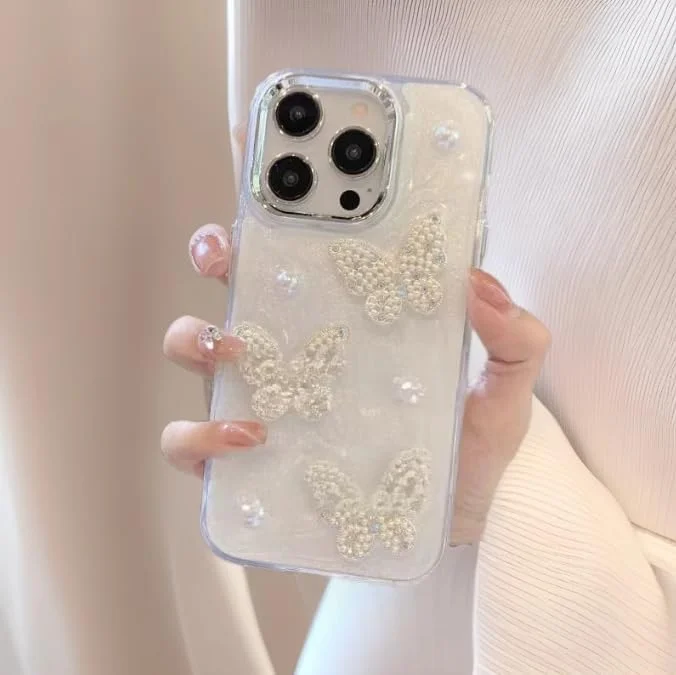 کاور محافظ ژله ای شفاف طرح پروانه و مروارید با اکلیل مناسب آیفون 17 پرو مکس، کاور دخترانه فانتزی نگین دار الماس با محافظت از جنس TPU نرم و ضد ضربه مناسب آیفون 17 پرو مکس 6.9 اینچ