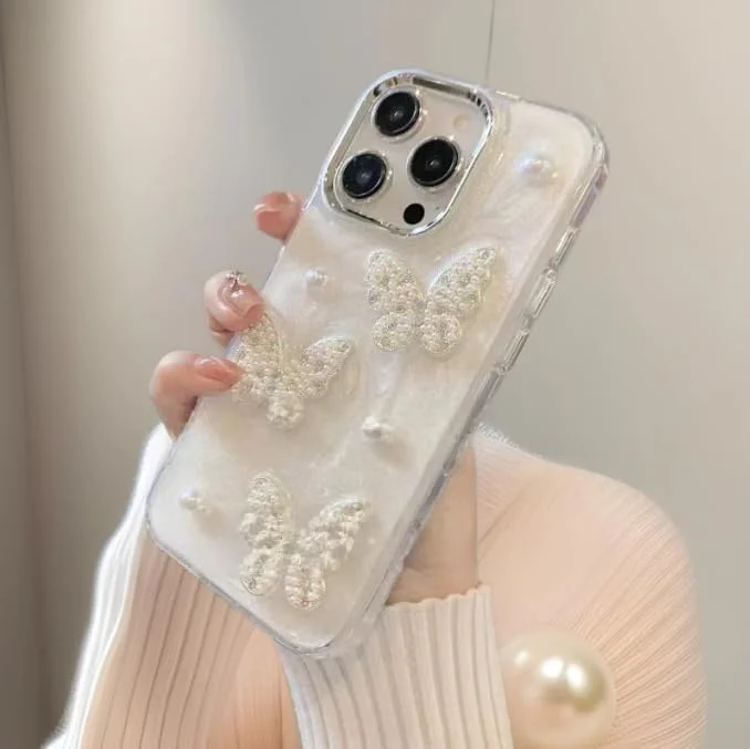 کاور محافظ ژله ای شفاف طرح پروانه و مروارید با اکلیل مناسب آیفون 17 پرو مکس، کاور دخترانه فانتزی نگین دار الماس با محافظت از جنس TPU نرم و ضد ضربه مناسب آیفون 17 پرو مکس 6.9 اینچ