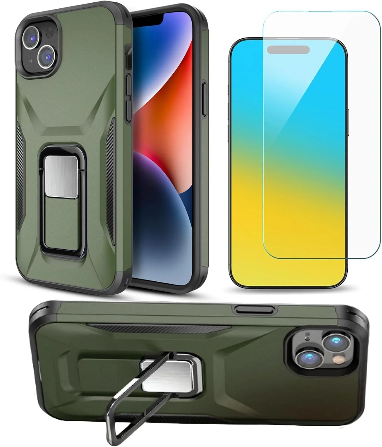 قاب محافظ زرهی مقاوم به همراه محافظ صفحه شیشه ای سازگار با آیفون 16e/14/13 – کاور پشتی دو لایه با محافظت در برابر ضربه + محافظ صفحه نمایش 2.5D سبز