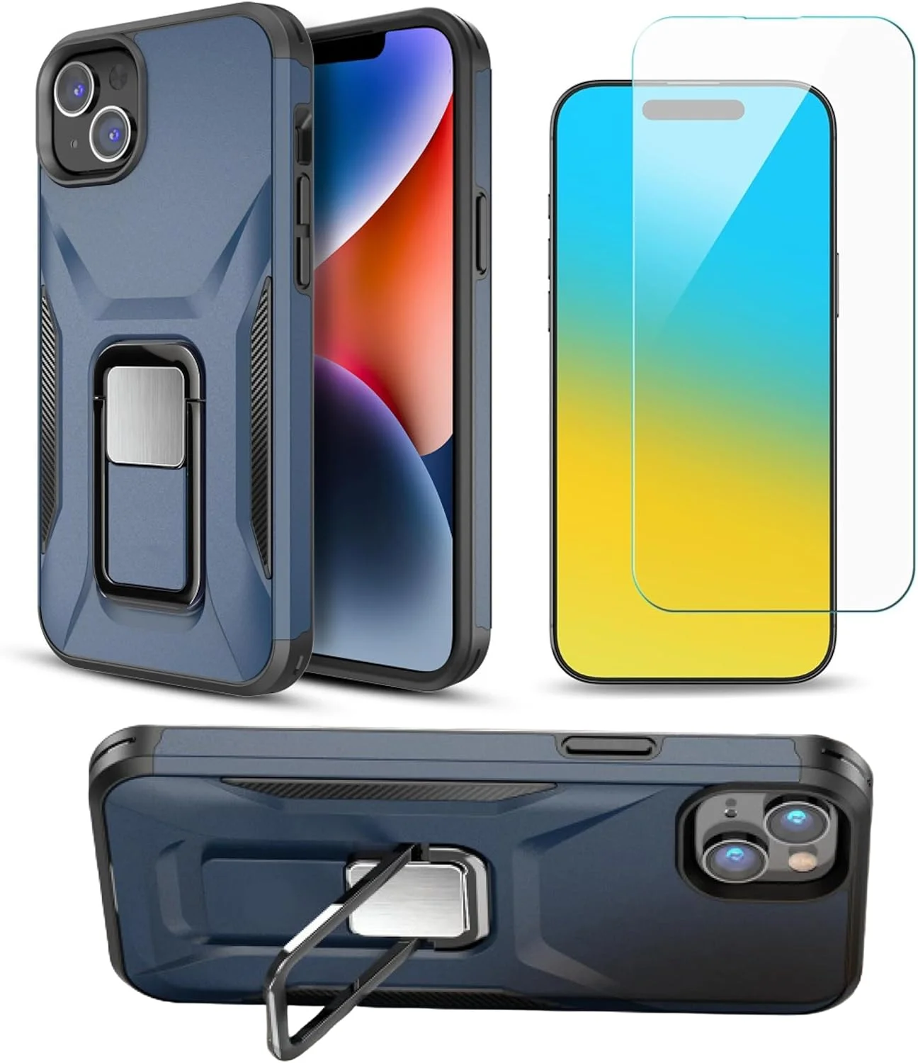 مجموعه پیشنهادی کاور پشتی استنددار + محافظ صفحه شیشه ای سازگار با آیفون 16e/14/13 - قاب محافظ قوی و بادوام به همراه محافظ صفحه نمایش آبی