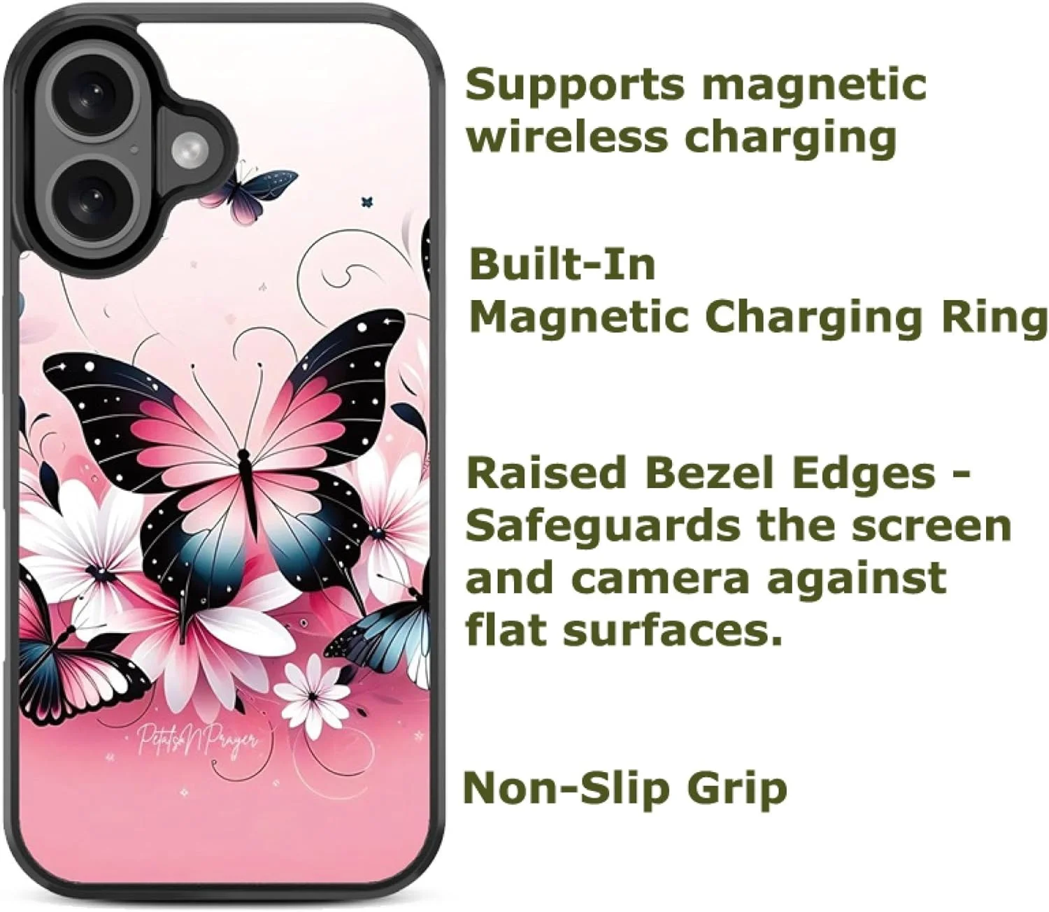 مجموعه ترکیبی: قاب پشتی محافظ + محافظ شیشه ای حرارت دیده برای آیفون 16 پلاس - کاور حلقه مغناطیسی طرح گل پروانه ای با محافظ صفحه نمایش 2.5 بعدی