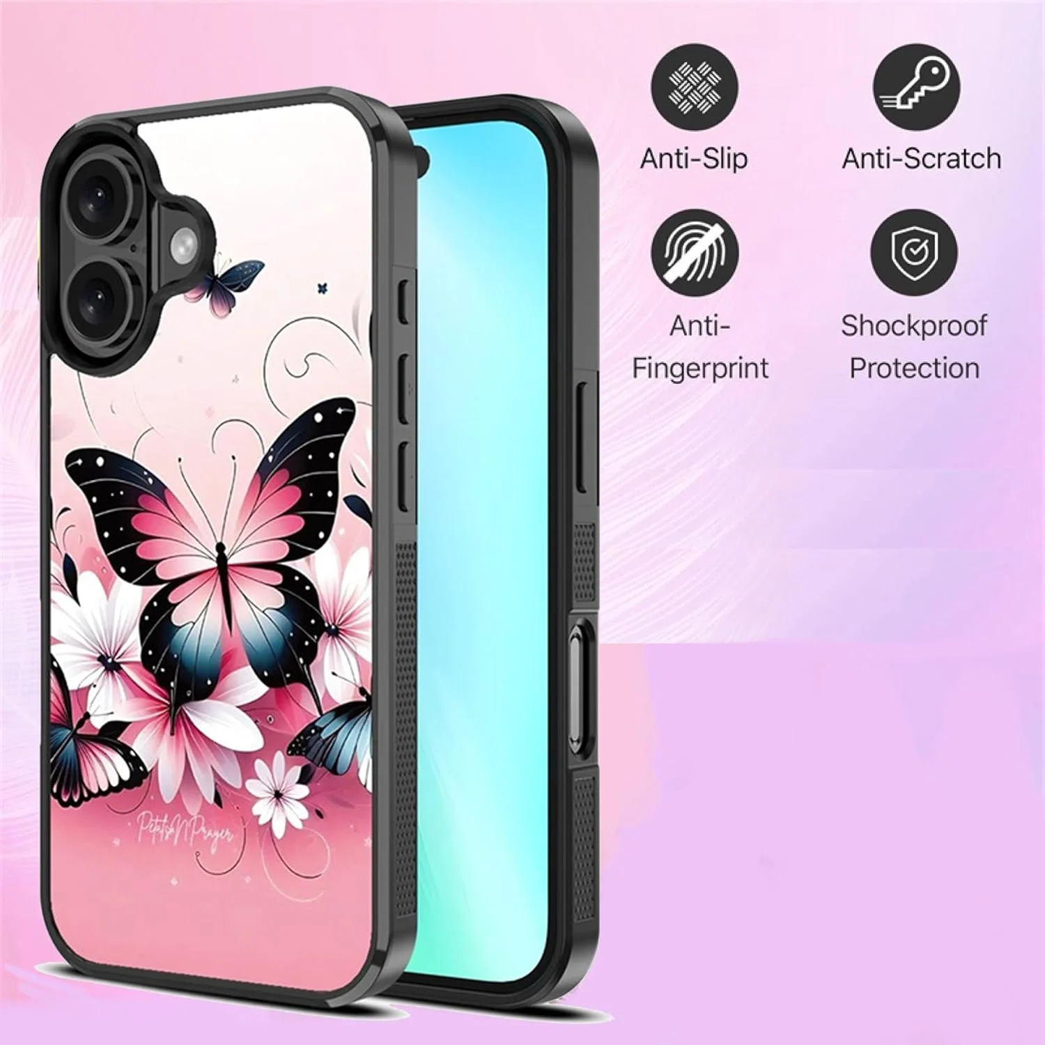 مجموعه ترکیبی: قاب پشتی محافظ + محافظ شیشه ای حرارت دیده برای آیفون 16 پلاس - کاور حلقه مغناطیسی طرح گل پروانه ای با محافظ صفحه نمایش 2.5 بعدی