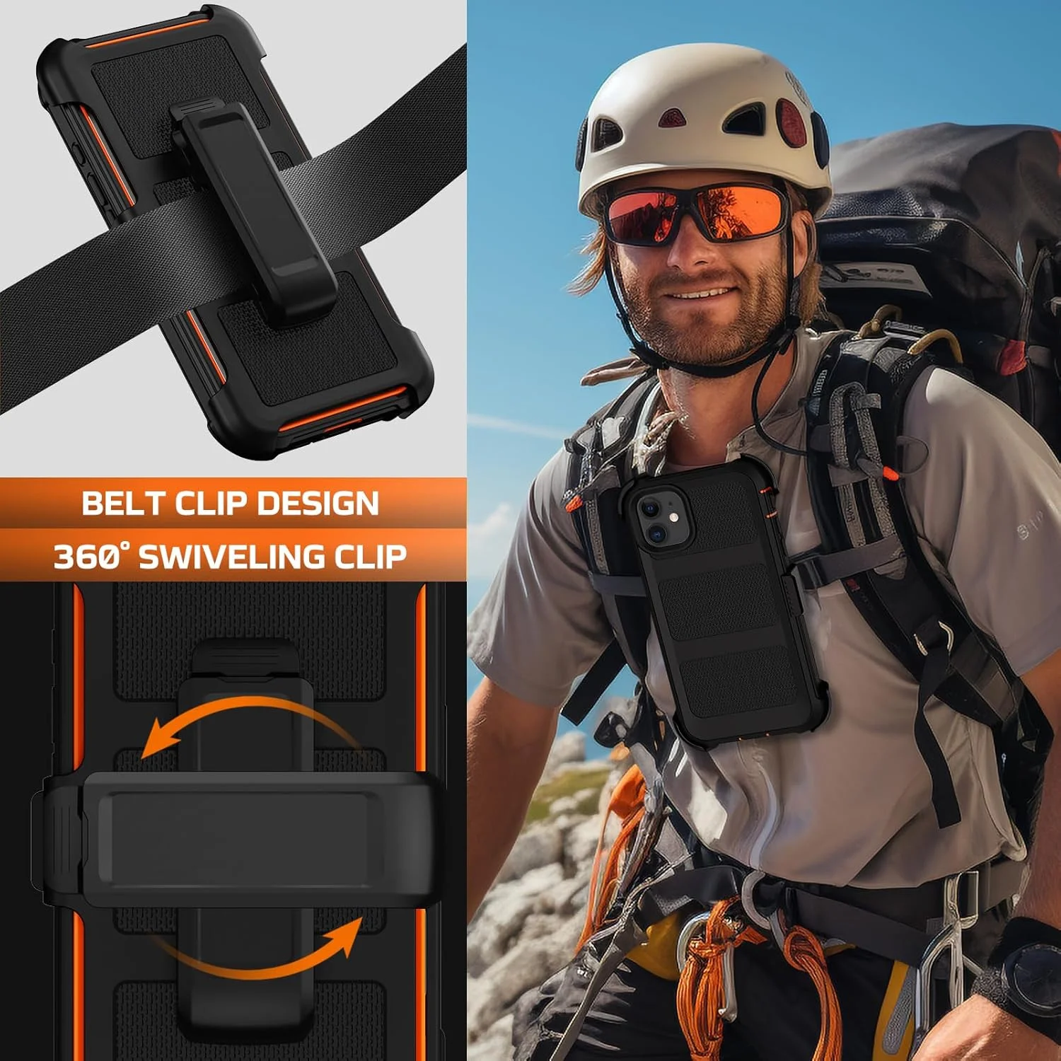 قاب محافظ گوشی آیفون 11 همراه با گیره کمربند، ضد ضربه و مقاوم در برابر سقوط، دارای 2 محافظ صفحه نمایش و پایه نگهدارنده، پوشش محافظتی بادوام و مقاوم (مشکی نارنجی)