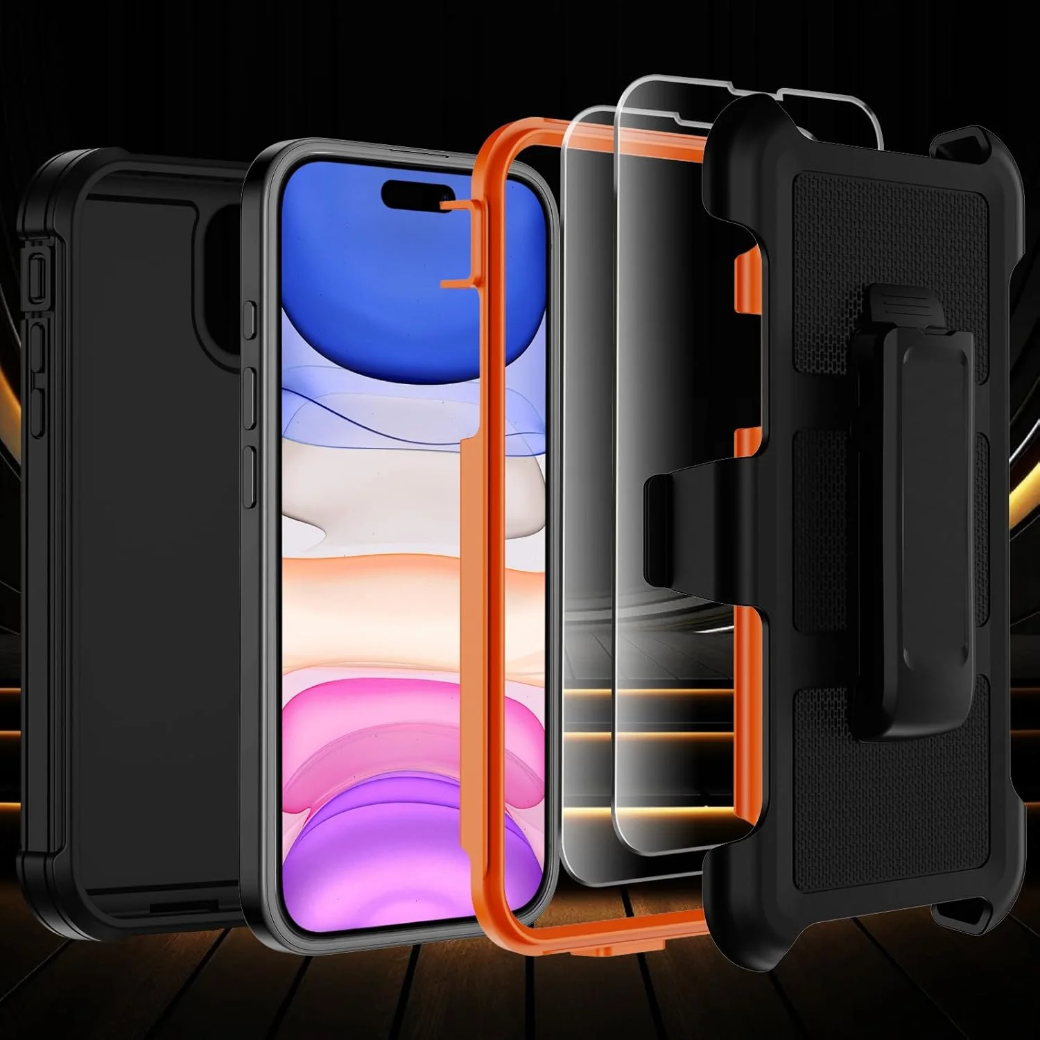 قاب محافظ گوشی آیفون 11 همراه با گیره کمربند، ضد ضربه و مقاوم در برابر سقوط، دارای 2 محافظ صفحه نمایش و پایه نگهدارنده، پوشش محافظتی بادوام و مقاوم (مشکی نارنجی)
