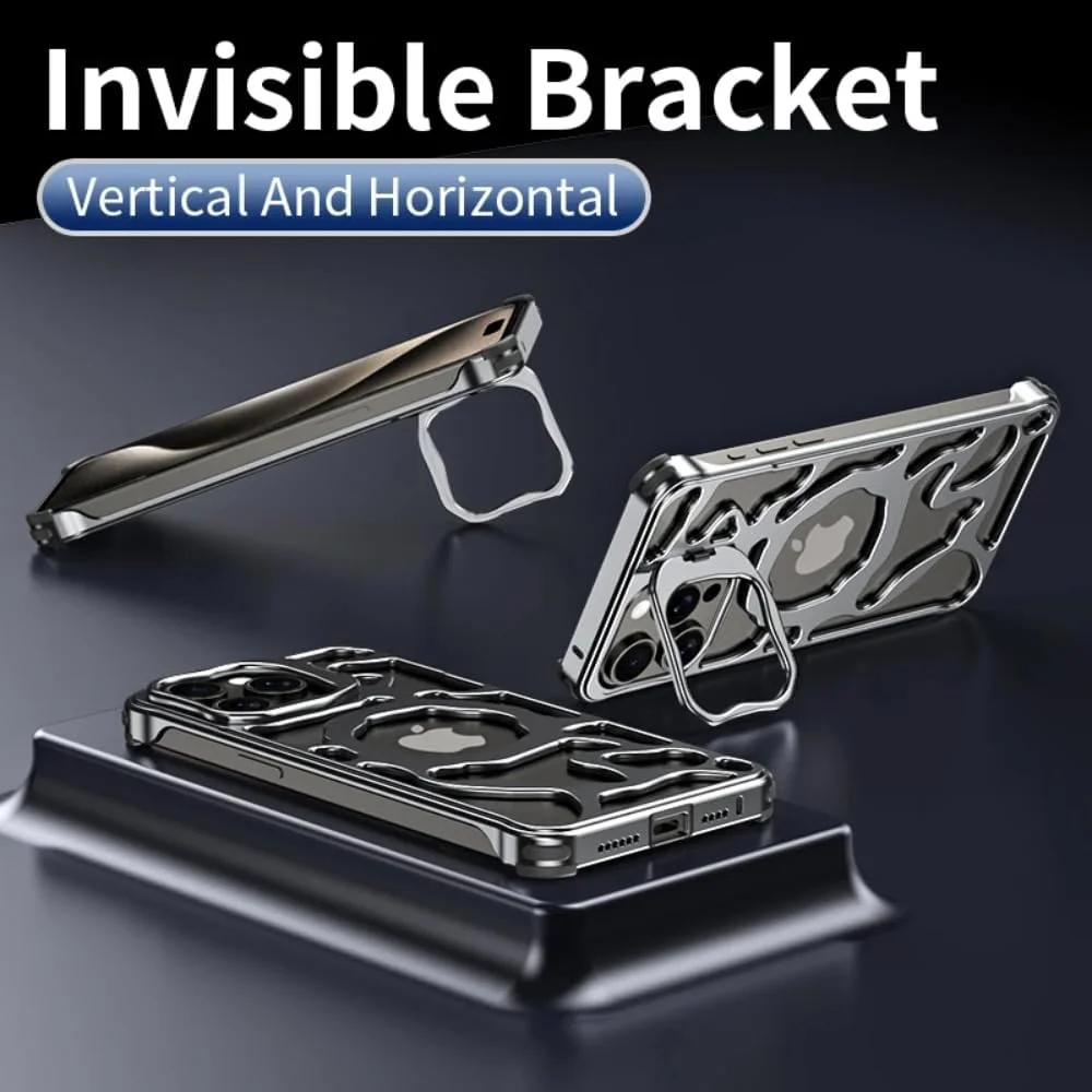 کاور گوشی آیفون 15 پرو مکس با براکت نامرئی فلزی آلیاژ آلومینیوم و قابلیت دفع حرارت (نقره ای)