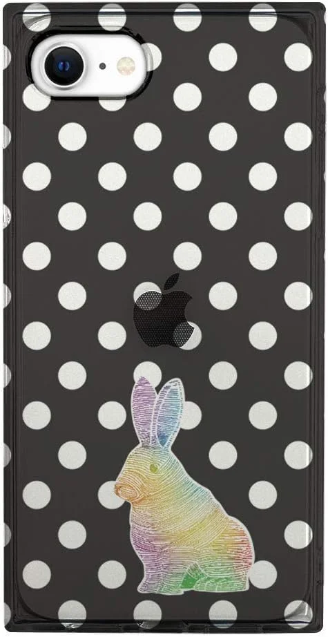 قاب گوشی آیفون SE (نسل سوم/ 2022) آیکان، قاب مربعی نرم، خرگوش رنگین کمانی مشکی، کاور آیفون، قاب مکعبی، محافظت از گوشه ها، جلوگیری از افتادن، دارای سوراخ بند، سازگار با شارژ بی سیم، 4.7 اینچ