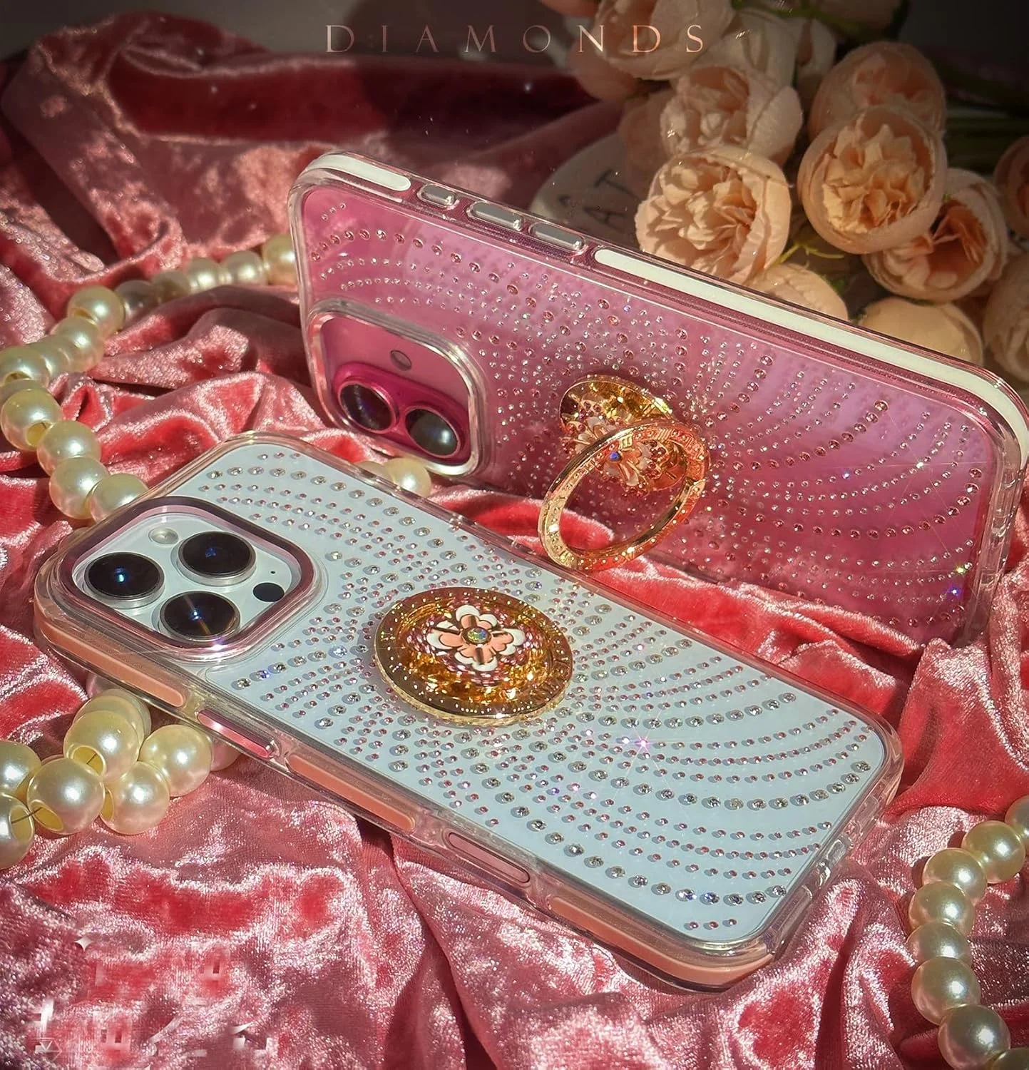 قاب گوشی آیفون 16 پرو مکس برای دختران و بانوان، طراحی لوکس و درخشان با نگین های بدلیجات و استند انگشتی چرخشی طرح گل، قاب محافظ ژله ای شفاف و الماسی براق و زیبا برای آیفون 16 پرو مکس