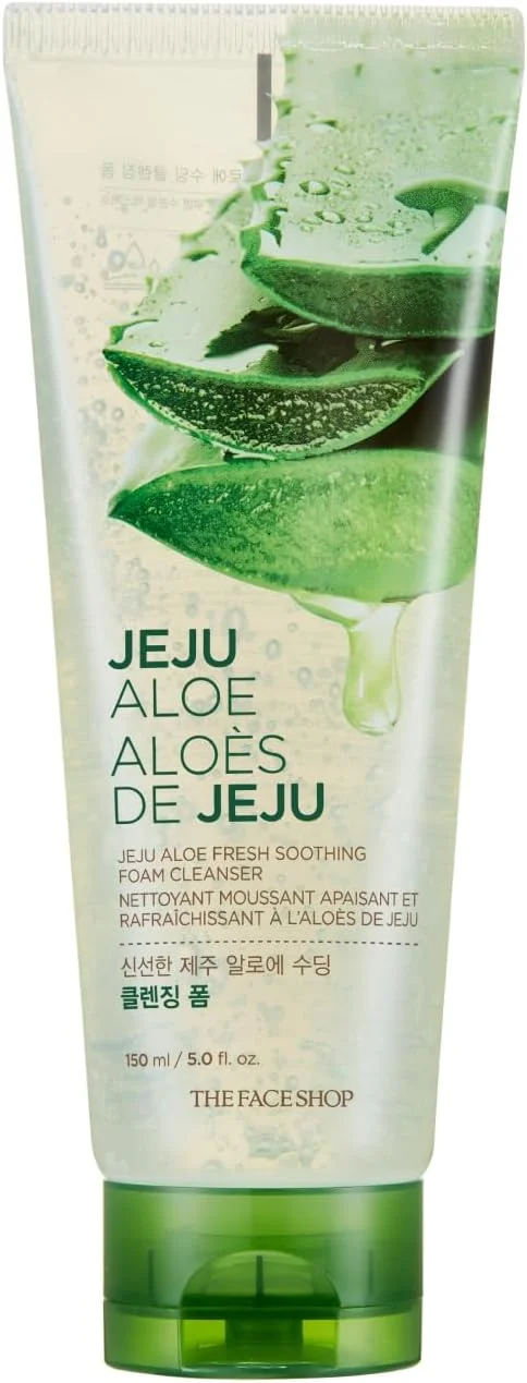 فوم شستشوی صورت آلوئه ورا تازه ججو The Face Shop - روشن کننده، آبرسان و مرطوب کننده پوست با چای سبز، آلوئه ورا، رزماری و بابونه - پاک کننده صورت مراقبت از پوست کره ای