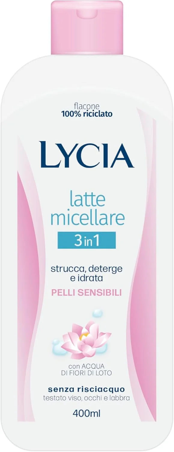 شیر پاک‌کن میسلار صورت لایسیا 3 در 1 پوست حساس حاوی هیالورونیک اسید، افراسی و روغن آرگان، پاک کننده آرایش، تمیز کننده و مرطوب کننده صورت، چشم ها و لب ها، 400 میلی لیتر