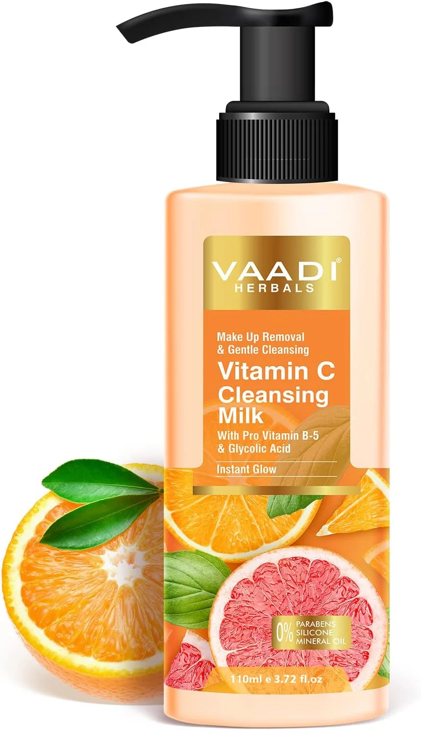 شیر پاک کننده ویتامین C گیاهی وادی | حاوی پرو ویتامین B5 و گلیکولیک اسید | آبرسان، پاک کننده آرایش و پاک کننده فوری (110 میلی لیتر)