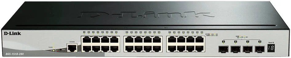 سوئیچ گیگابیتی 28 پورت D-Link با قابلیت Stackable شامل 24 پورت 10/100/1000BASE-T، 4 پورت 10GbE SFP+، PoE+ با بودجه برق 193W، QoS، VLAN و ویژگی های امنیتی پیشرفته | DGS-1510-28X