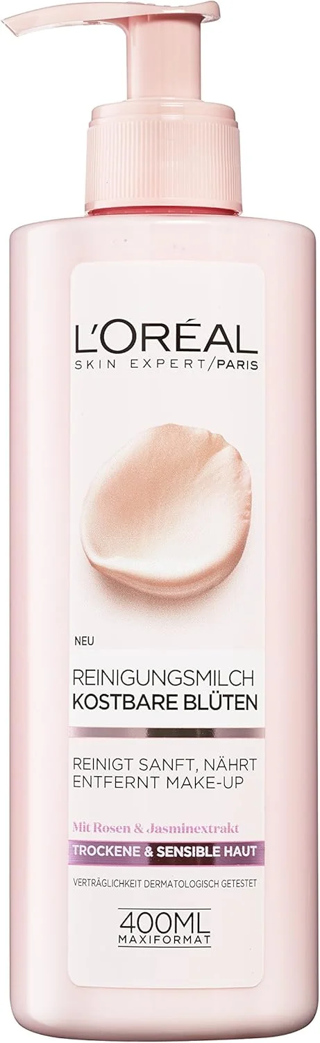 شیر پاک کننده صورت لورآل پاریس با عصاره گل رز و یاس، پاک کننده آرایش و آلودگی ها، پاکسازی ملایم برای پوست های خشک و حساس (400 میلی لیتر)