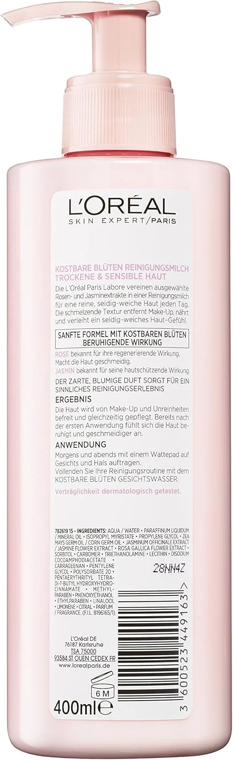 شیر پاک کننده صورت لورآل پاریس با عصاره گل رز و یاس، پاک کننده آرایش و آلودگی ها، پاکسازی ملایم برای پوست های خشک و حساس (400 میلی لیتر)