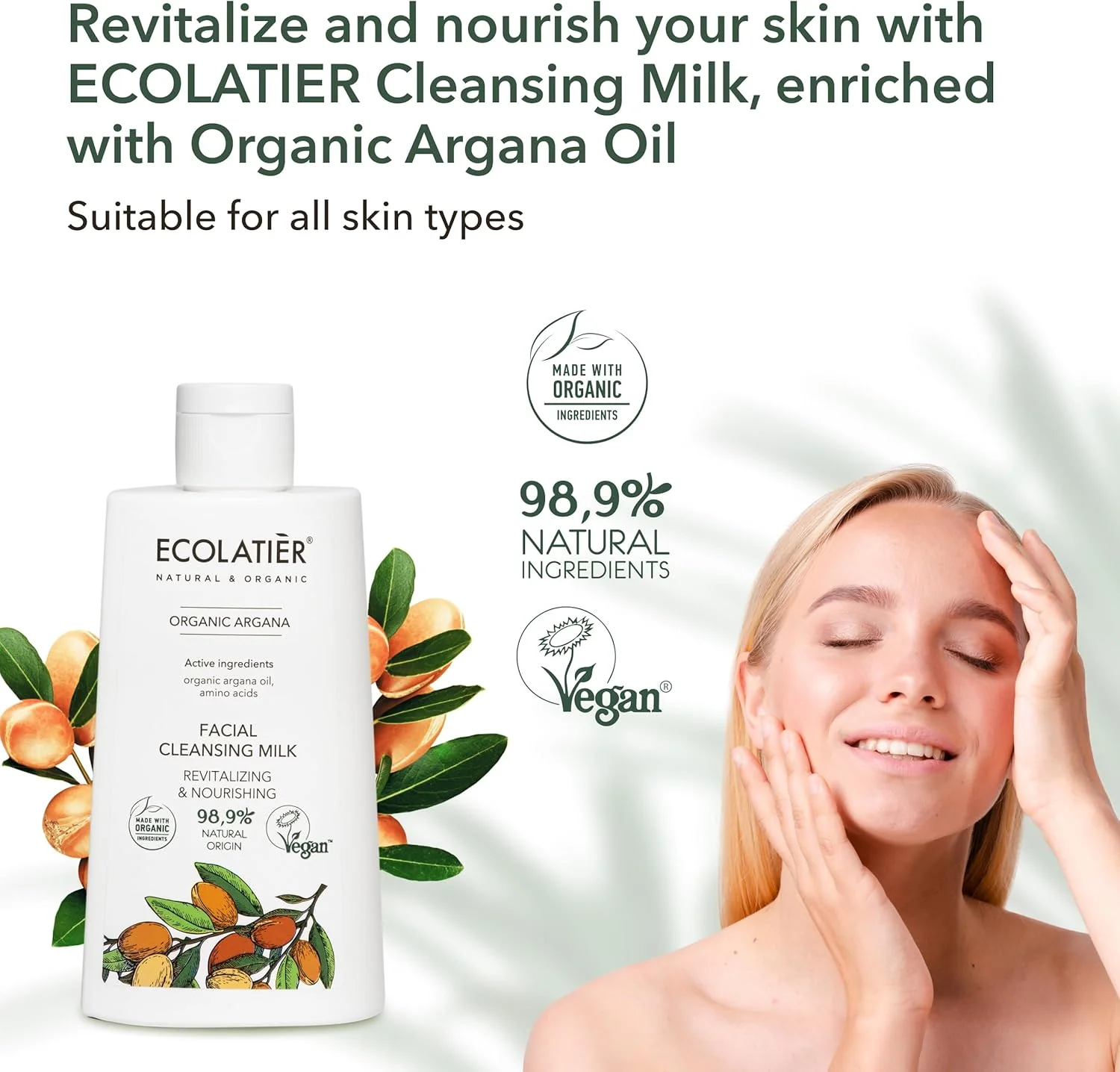 شیر پاک کننده صورت احیا کننده و مغذی اکولاتیه حاوی روغن آرگان ارگانیک، 250 میلی لیتر | 98.9% طبیعی، وگان | پاک کننده ملایم آرایش و پاک کننده آبرسان برای پوست های خشک و حساس